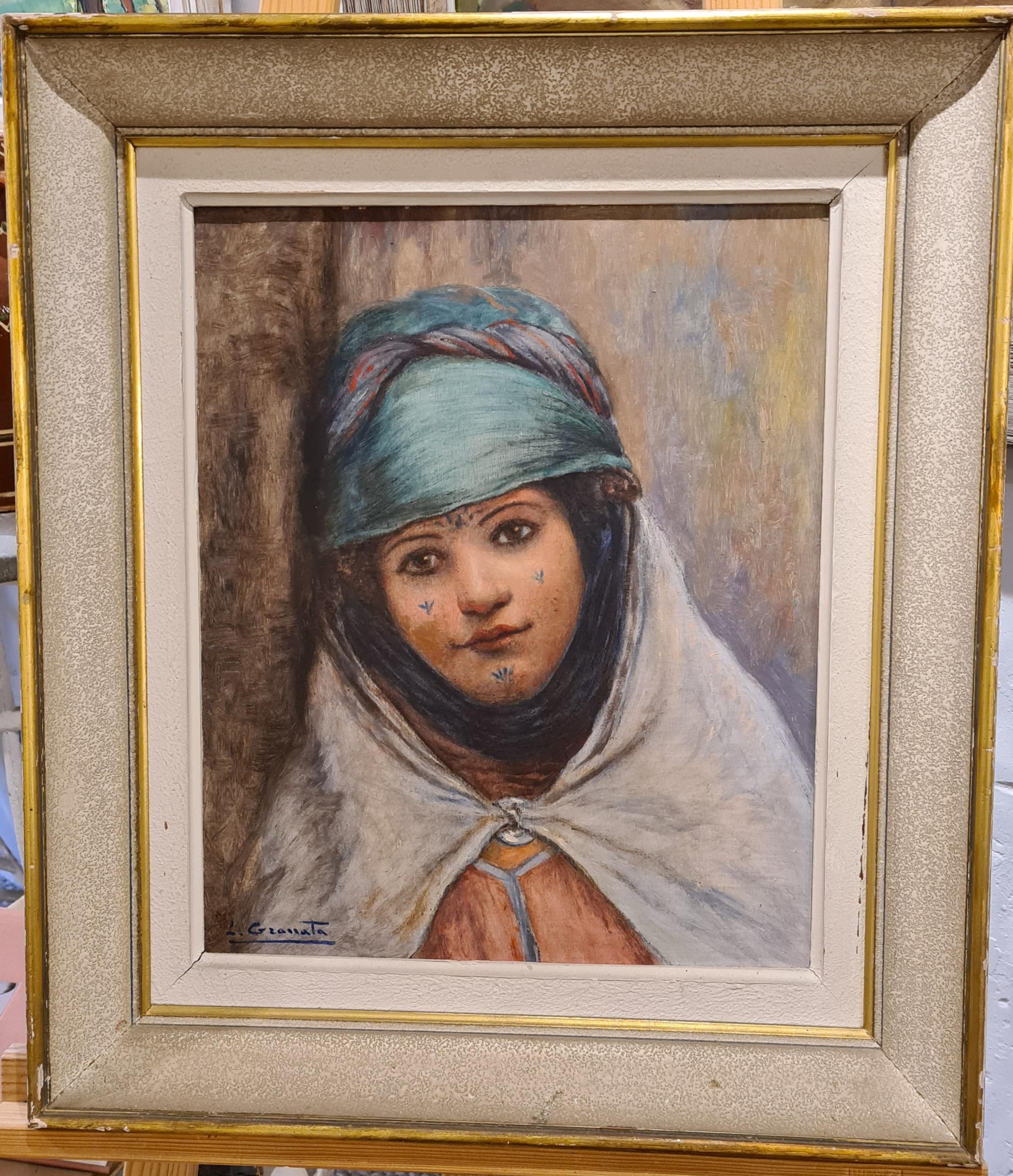 Mauresque, Bou Saada, Orientalist portrait of a young girl in costume. - Painting by Louis Granata