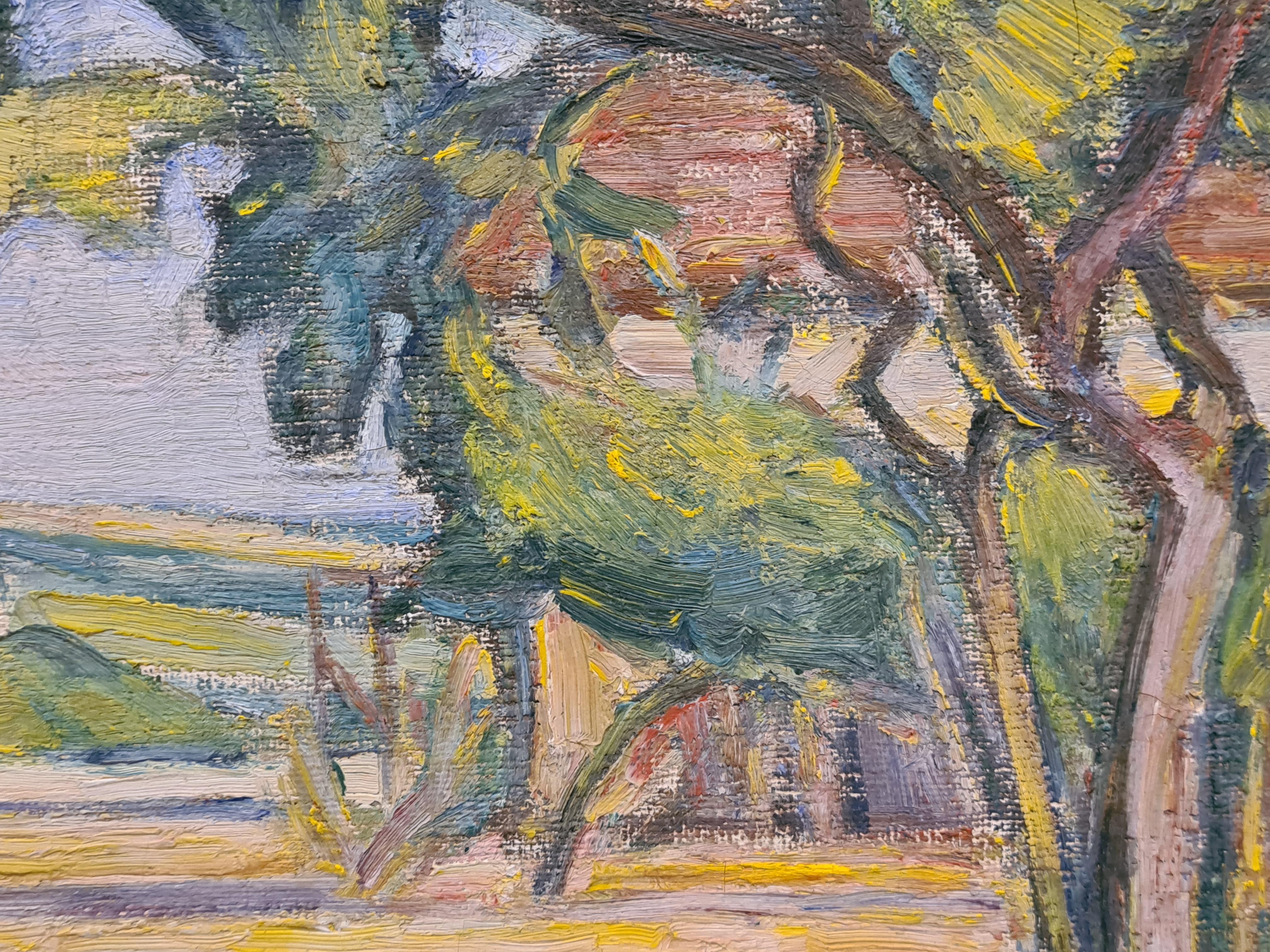 Paysage post-impressionniste suédois, extérieur de la Tollgate, Bromma. - Marron Landscape Painting par Karl Fredrik Nordstrom