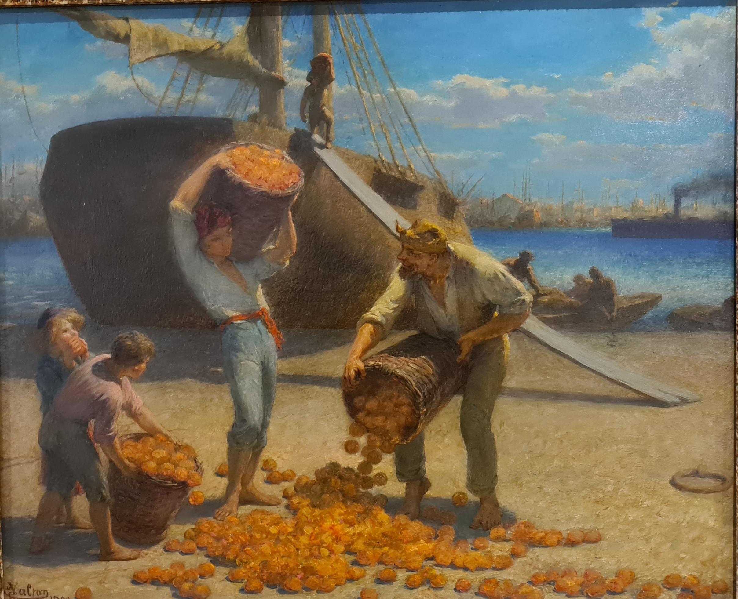 Debarquement des Oranges, Marseille, 1900. French Realist, oil on panel. - Painting by Edmond-Eugène Valton