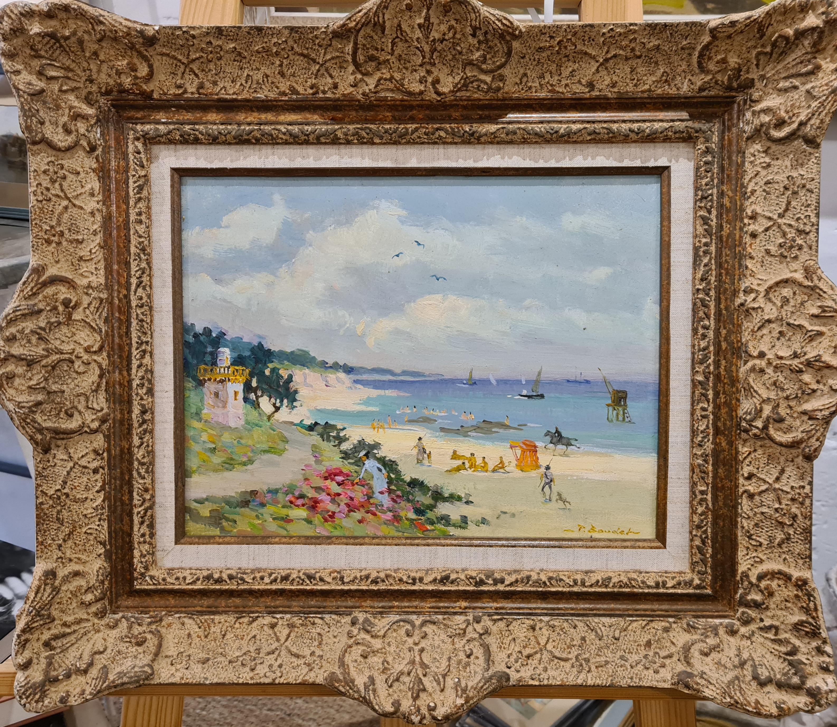 Pierre Boudet Figurative Painting - Belle Epoque Beach Scene, Honfleur, La Plage du Petit Phare