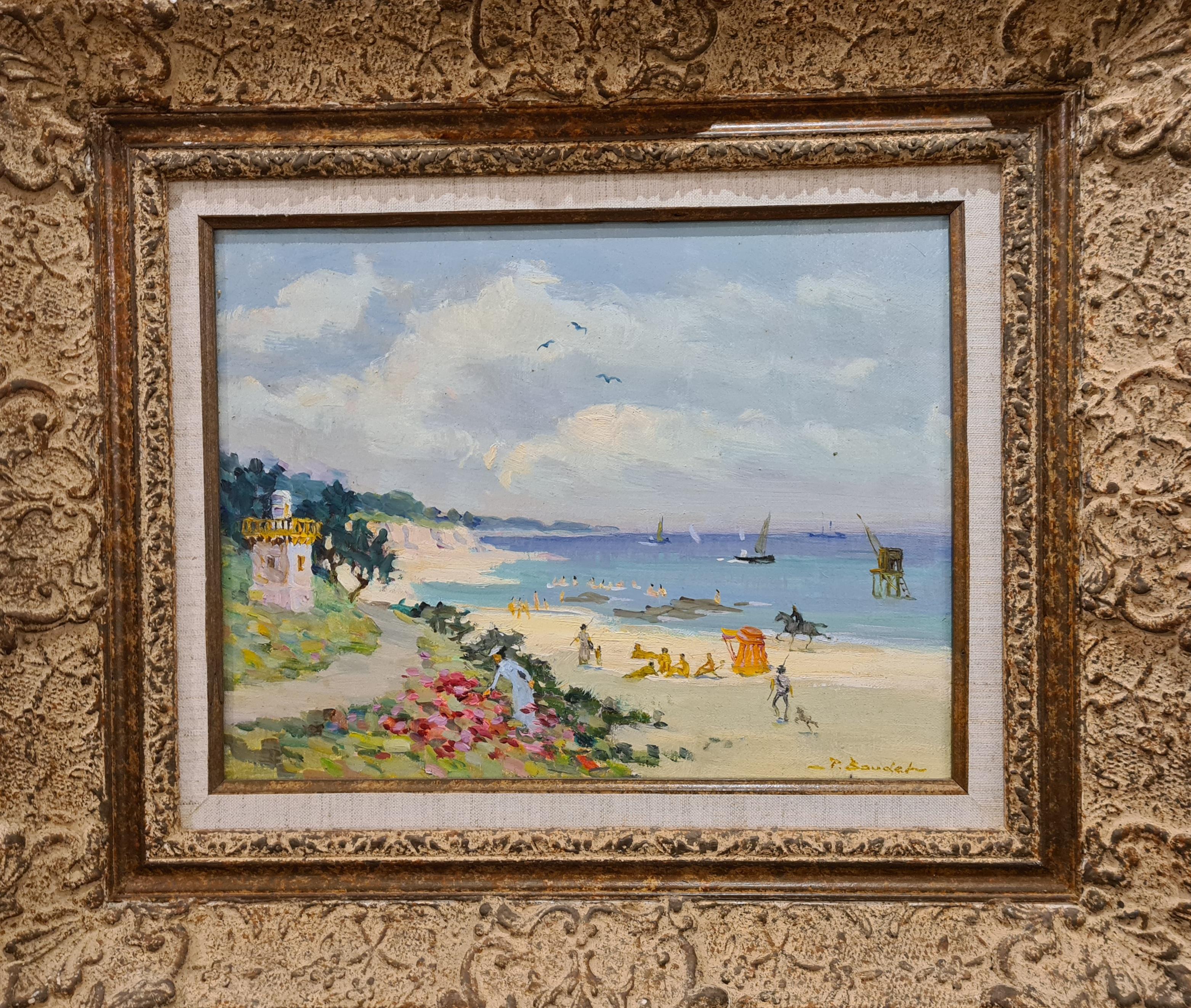 Belle Epoque Beach Scene, Honfleur, La Plage du Petit Phare - Brown Figurative Painting by Pierre Boudet