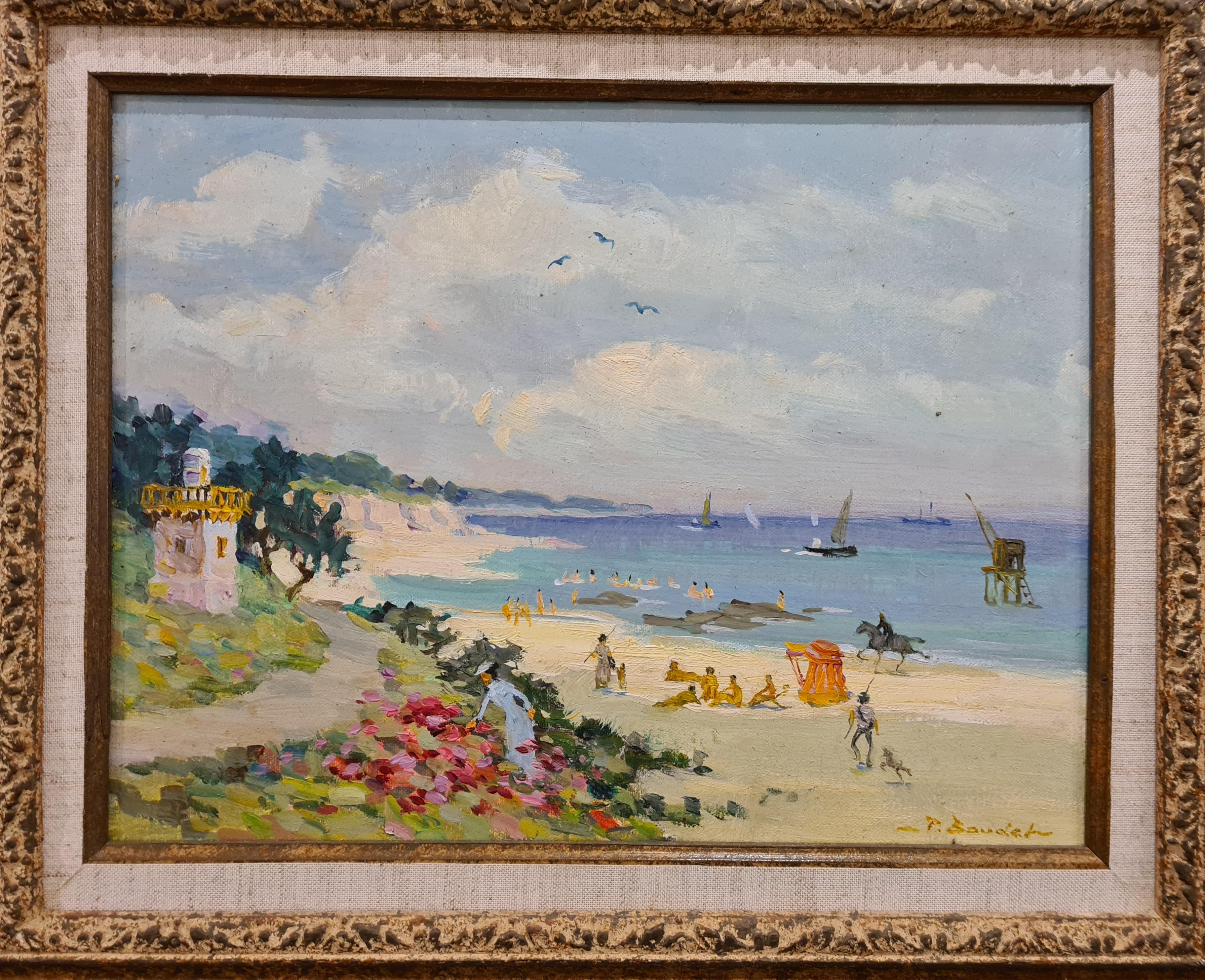 Belle Epoque Beach Scene, Honfleur, La Plage du Petit Phare - Painting by Pierre Boudet