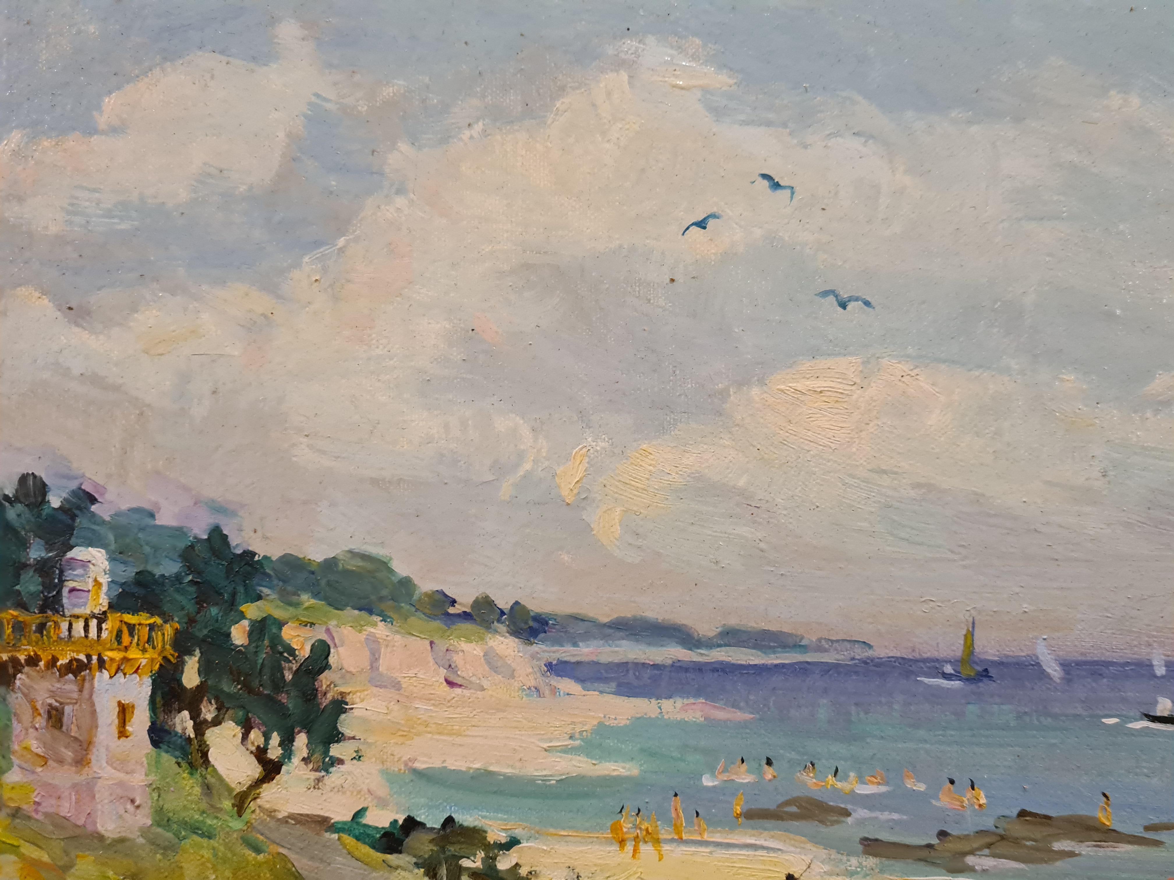 Belle Epoque Beach Scene, Honfleur, La Plage du Petit Phare - Post-Impressionist Painting by Pierre Boudet