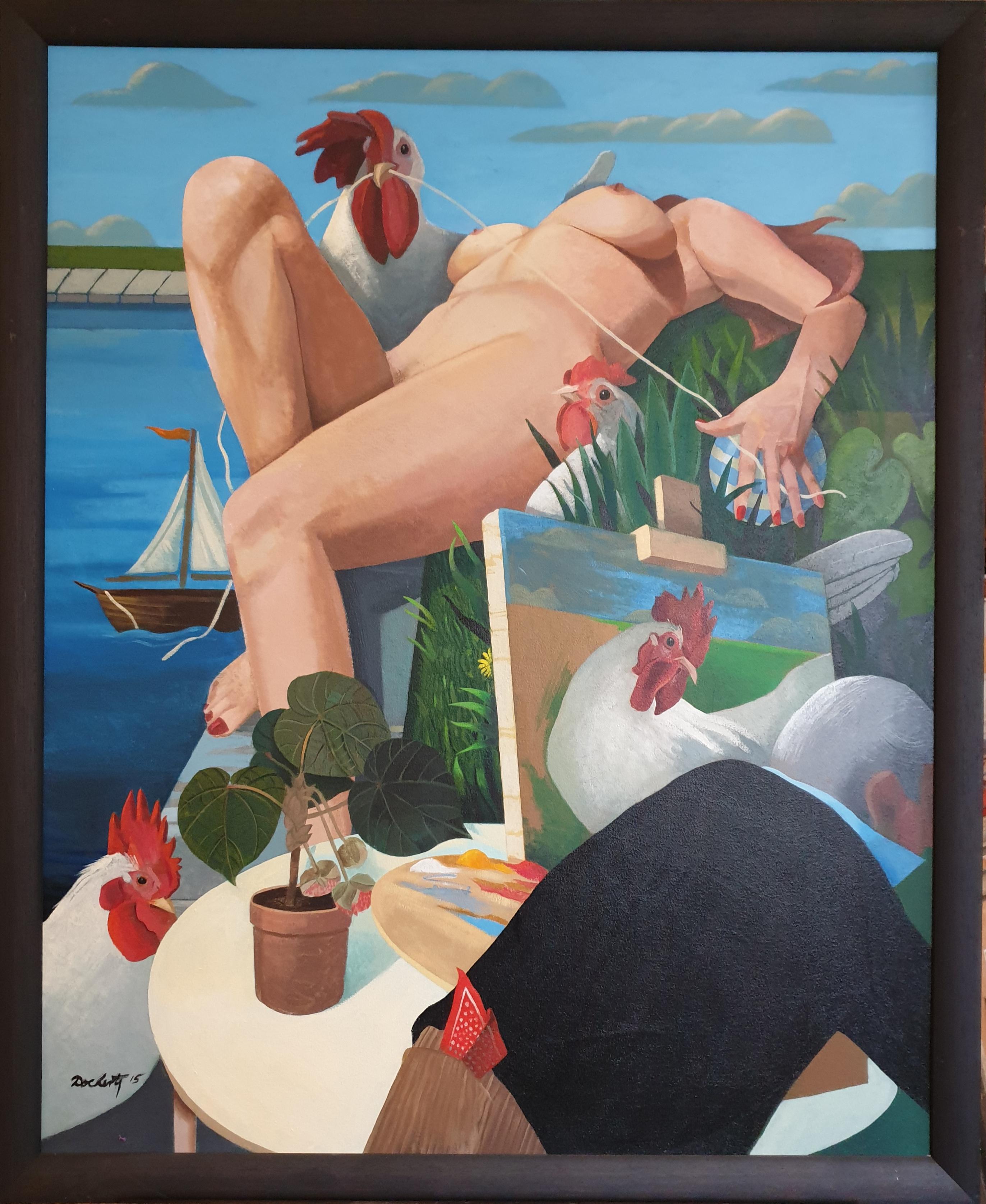 Frank Docherty Figurative Painting – Hello Hen! Großes surrealistisches Contemporary Öl auf Leinwand.