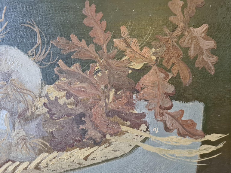 French mid century still life, oil on canvas, showing chanterelle mushrooms and the delights of an autumn harvest by Claude Le Baube. Signed to the front in period frame.

Le Baube's works consist of still-lifes blended with eccentric imagery,
