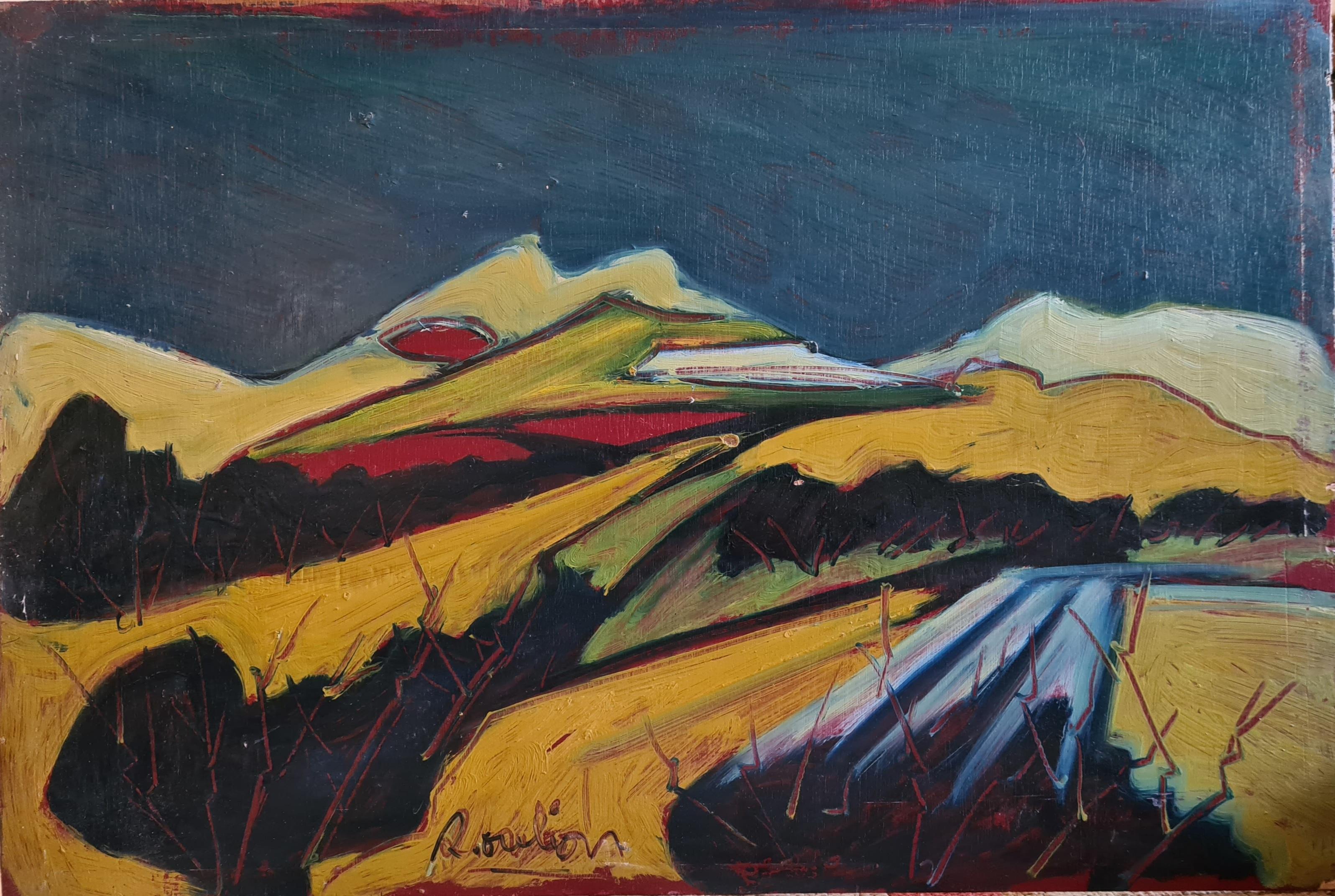 Roger Oulion Landscape Painting - 'Les Alpilles' Mid-Century Fauvist Oil on Board