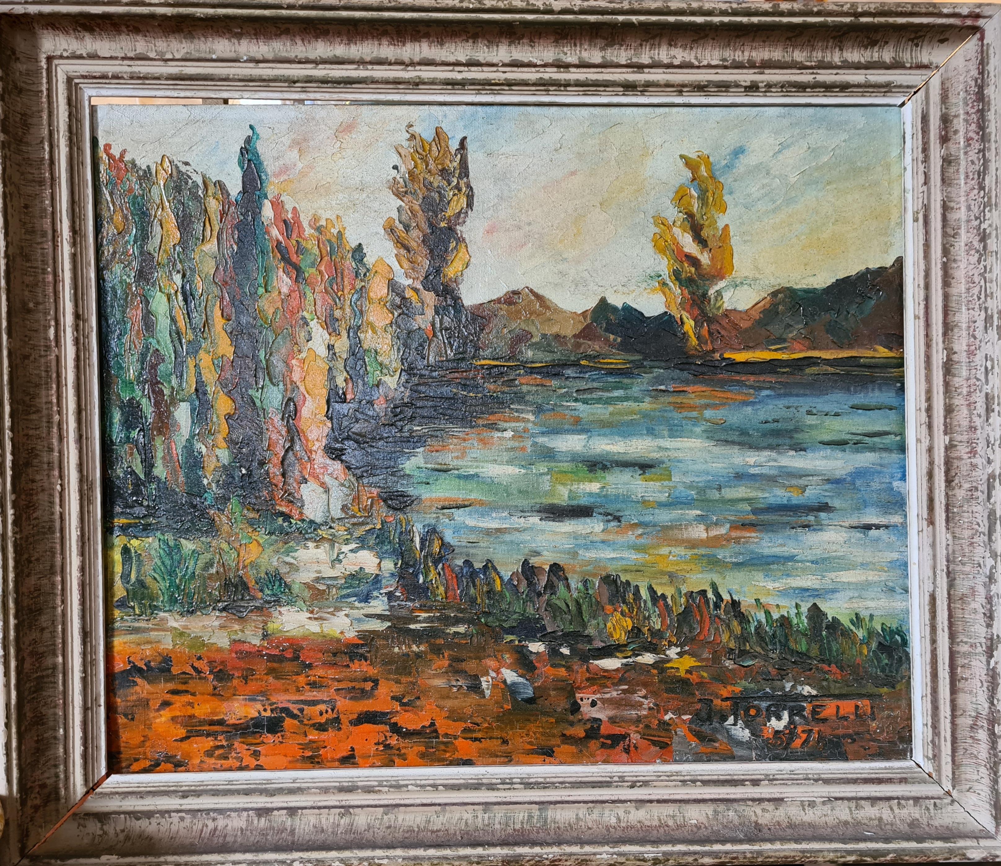 Paisaje lacustre impresionista de mediados de siglo de la Escuela de Barbizon, Óleo sobre tabla. - Painting de J Torrelli