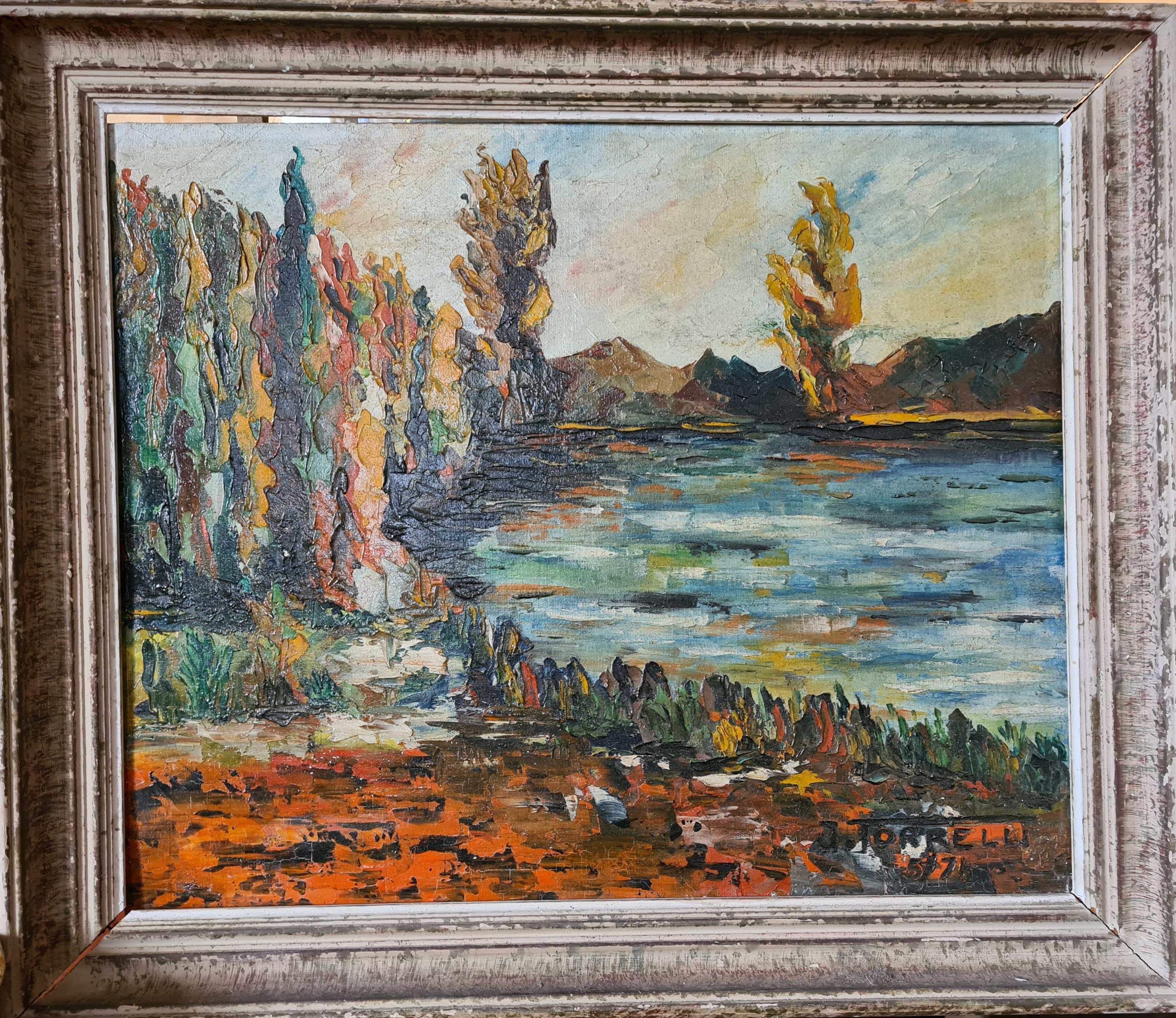 Mid-Century Barbizon School Impressionist Lakeside Landscape, Oil on Board. - Painting by J Torrelli