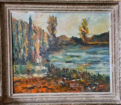 Paisaje lacustre impresionista de mediados de siglo de la Escuela de Barbizon, Óleo sobre tabla.