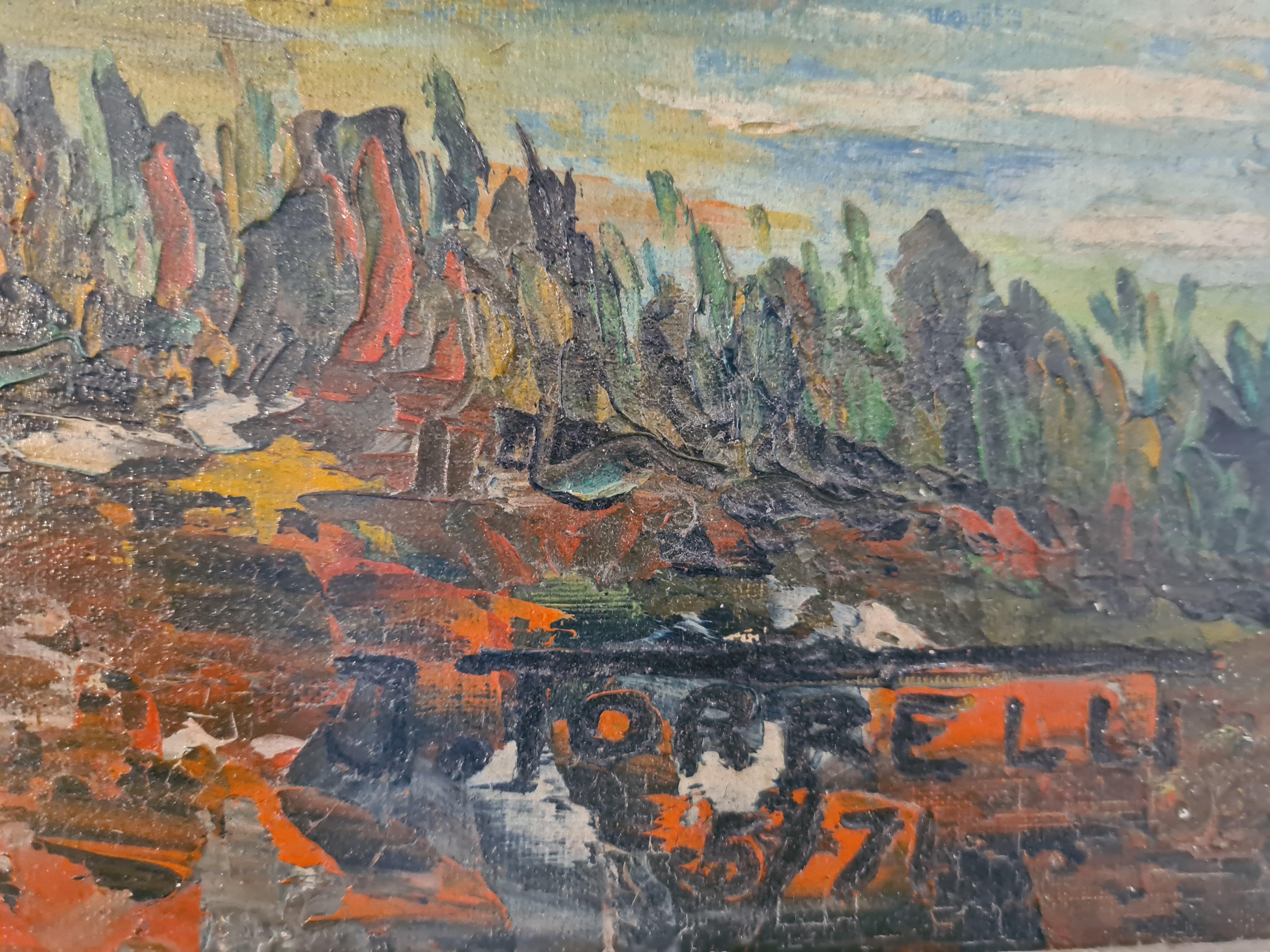 Mid-Century Barbizon School Impressionist Lakeside Landscape, Oil on Board. - Brown Landscape Painting by J Torrelli