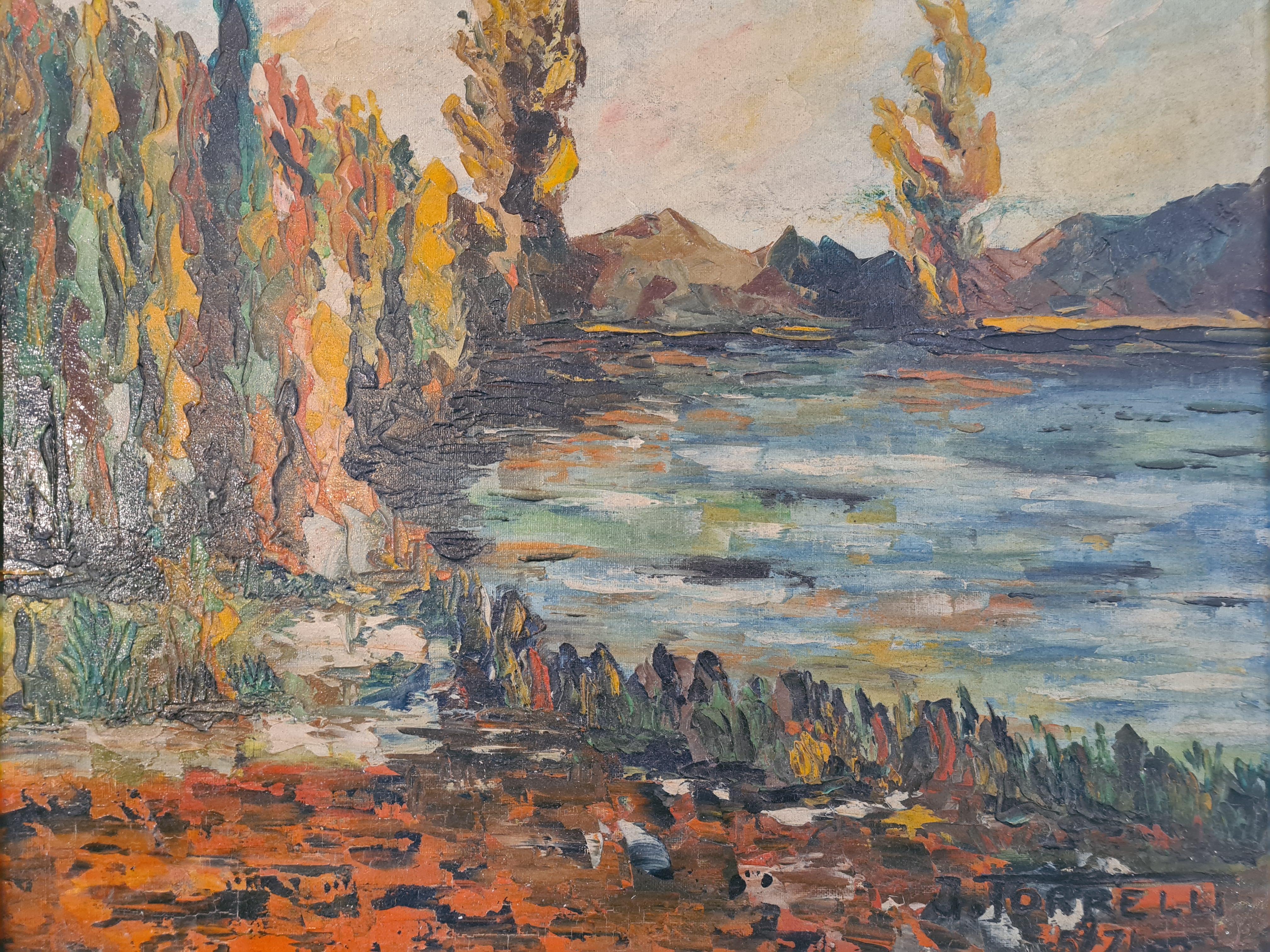 Paisaje lacustre impresionista de mediados de siglo de la Escuela de Barbizon, Óleo sobre tabla. en venta 1