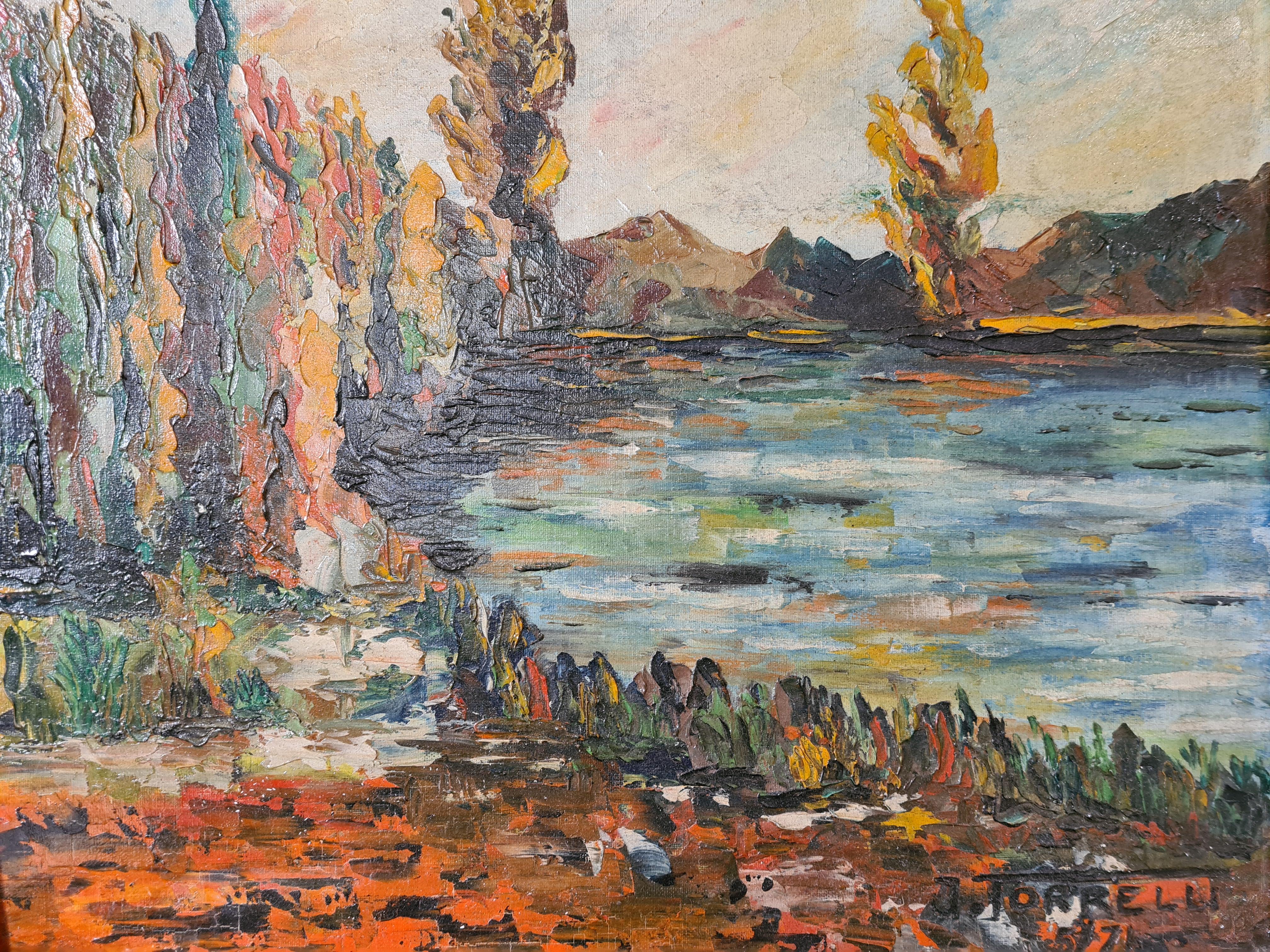 J Torrelli Landscape Painting - Mid-Century Barbizon School Impressionist Lakeside Landscape, Oil on Board.