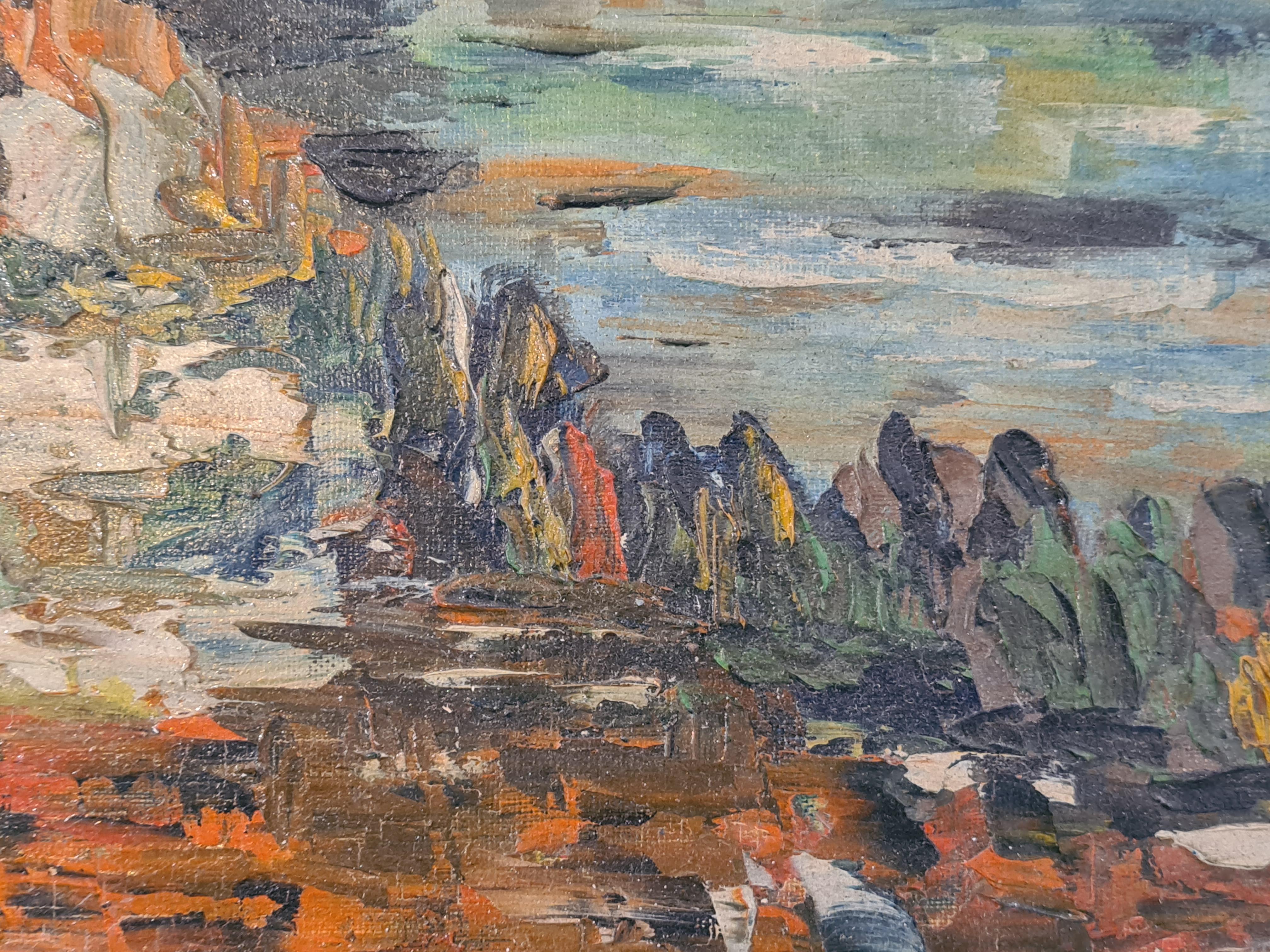 Mid-Century Barbizon School Impressionist Lakeside Landscape, Oil on Board. For Sale 2