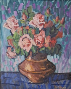 Nature morte de roses dans un vase, huile sur toile française du milieu du siècle dernier.