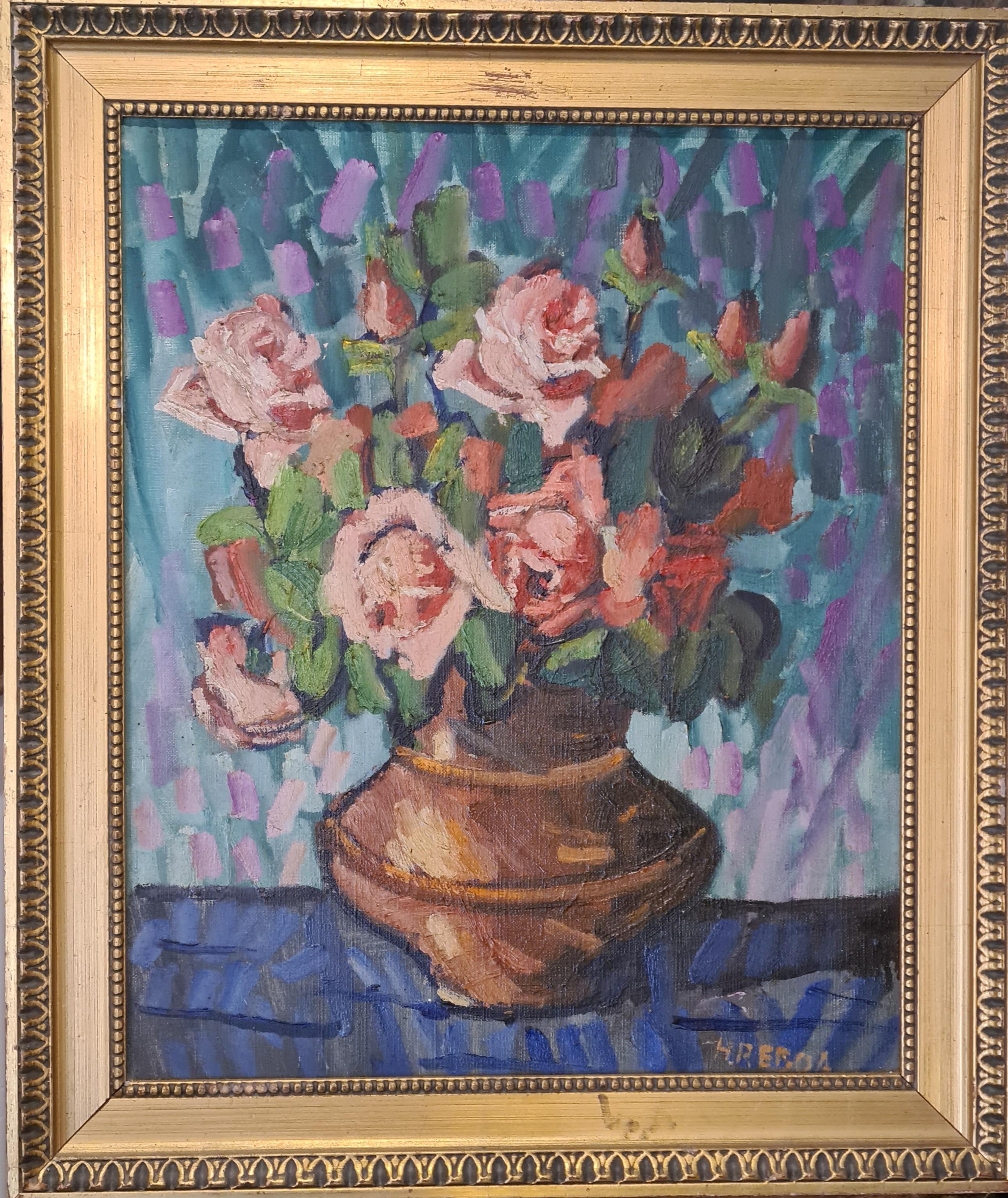 Still-Life Painting Henri Reboa - Nature morte de roses dans un vase, huile sur toile française du milieu du siècle dernier.