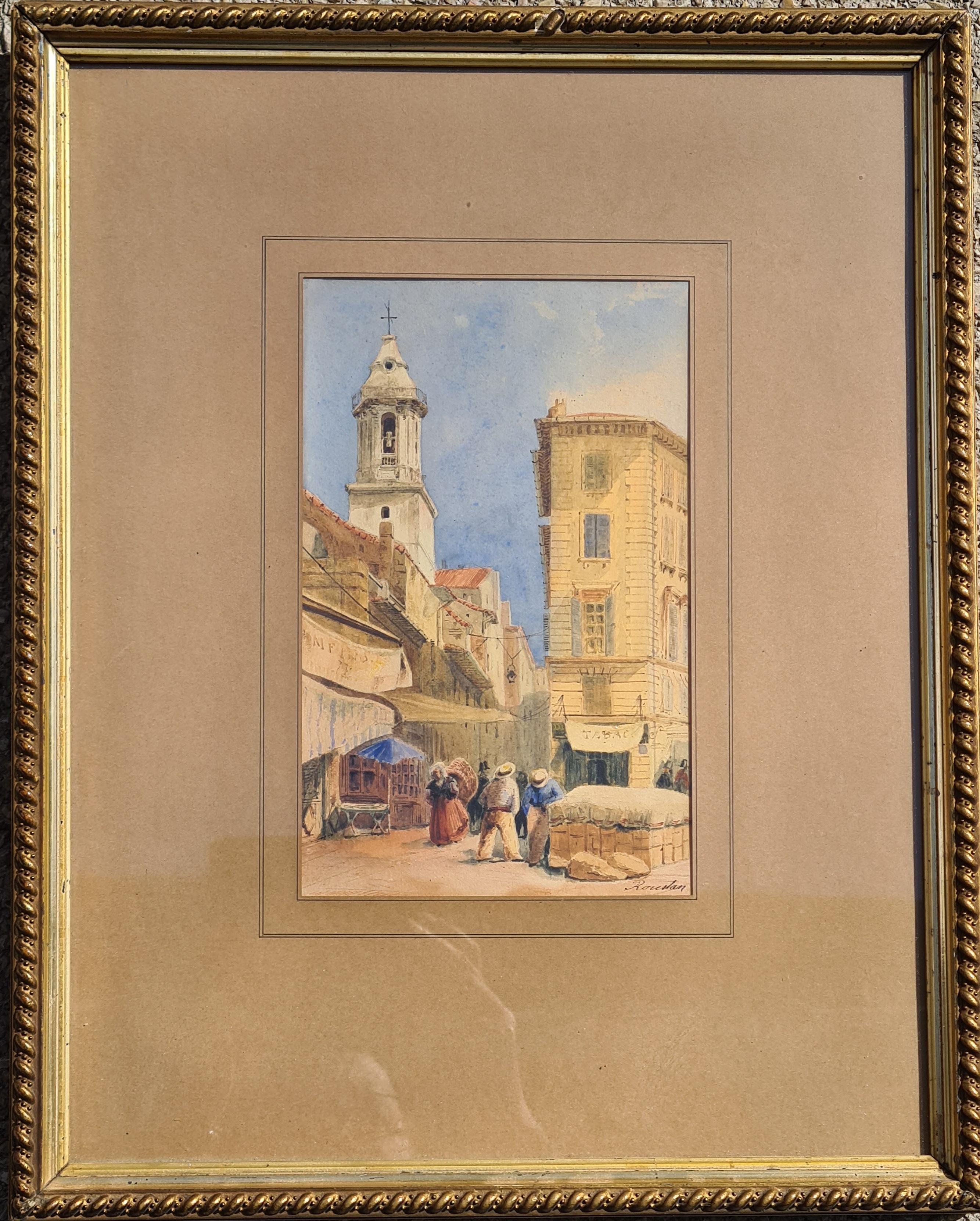 Street View of the City of Marseille and St Ferréol, Watercolour on Paper. - Brown Figurative Art by Lucien Marius Paul Roustan