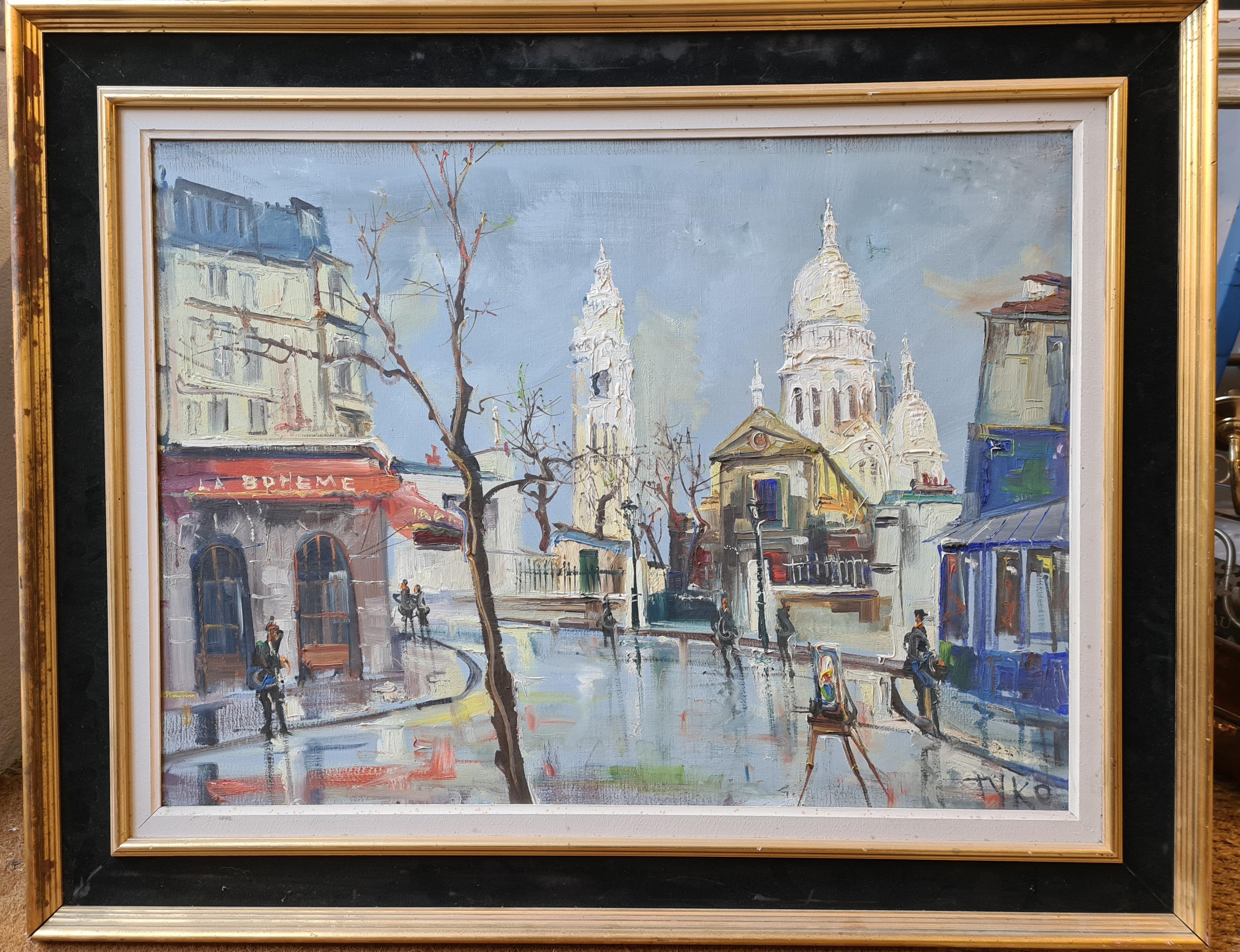 Place du Tertre, Montmartre, Basilica de Sacre Coeur - Painting by Gaston Tyko