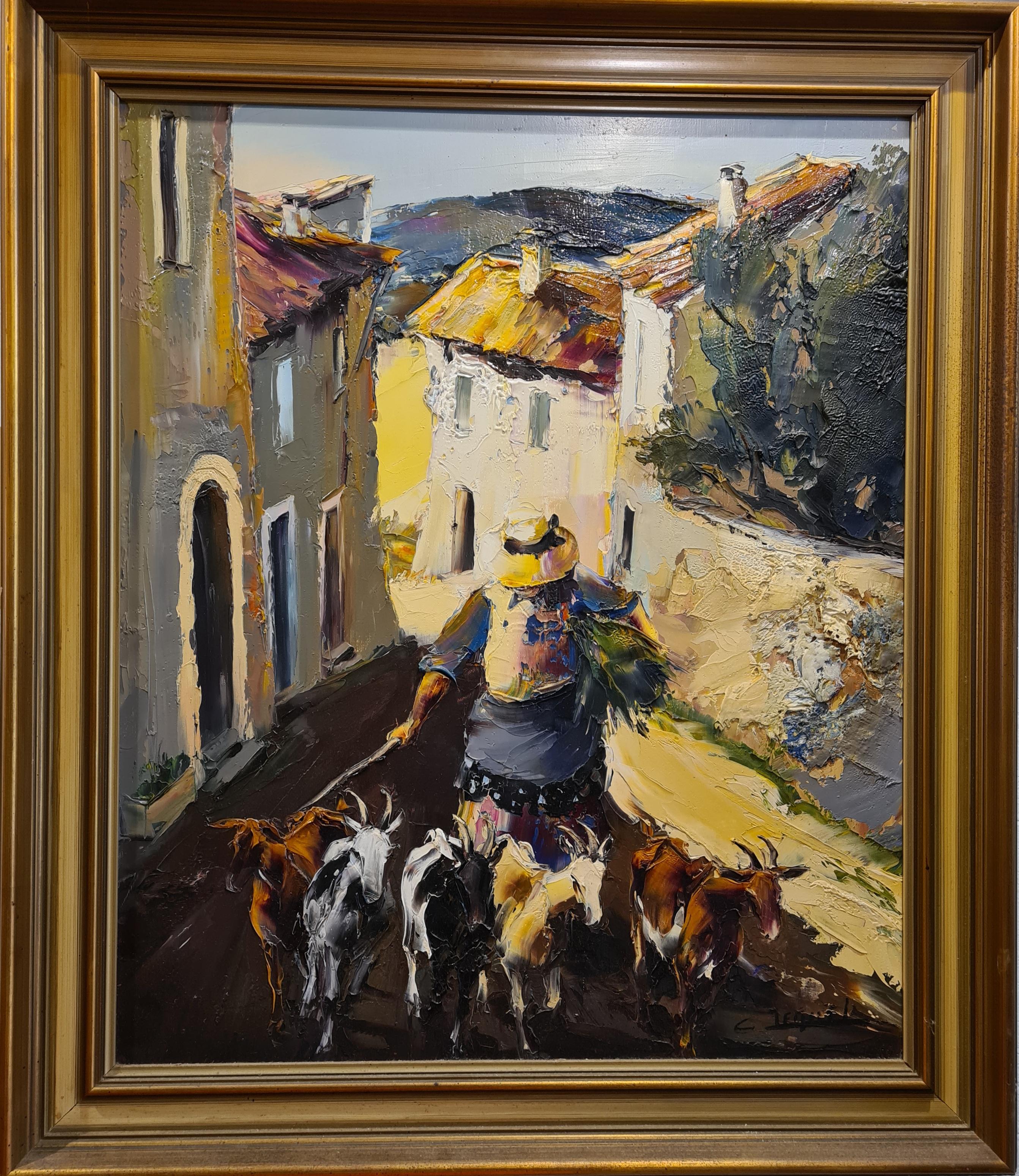 La Chevrière (the goatherder) Palette Knife Oil on Canvas. - Painting by Christian Jequel