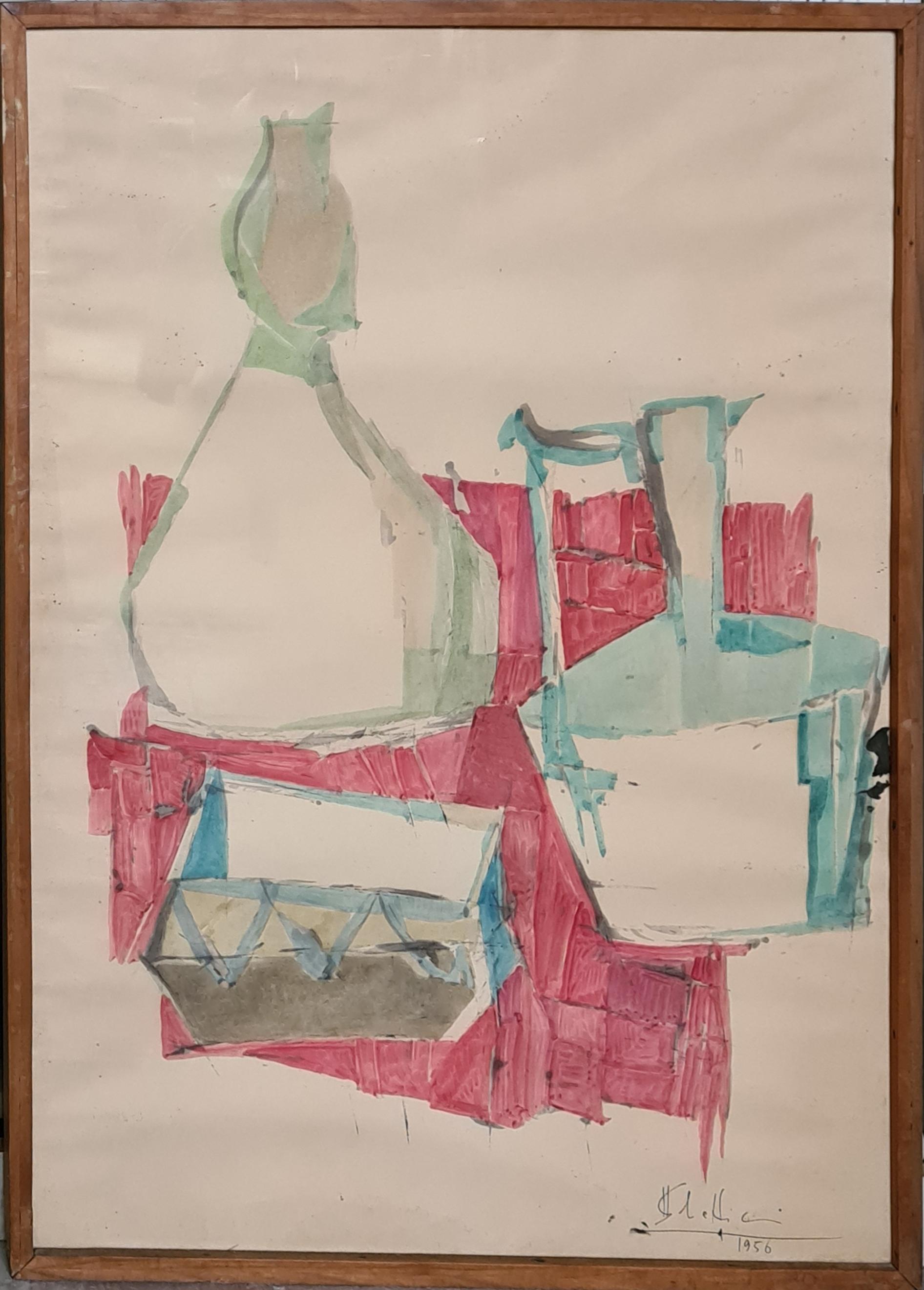 Mid Century Italian Tablescape With Red Cloth, 1956, Circle of Giorgio Morandi