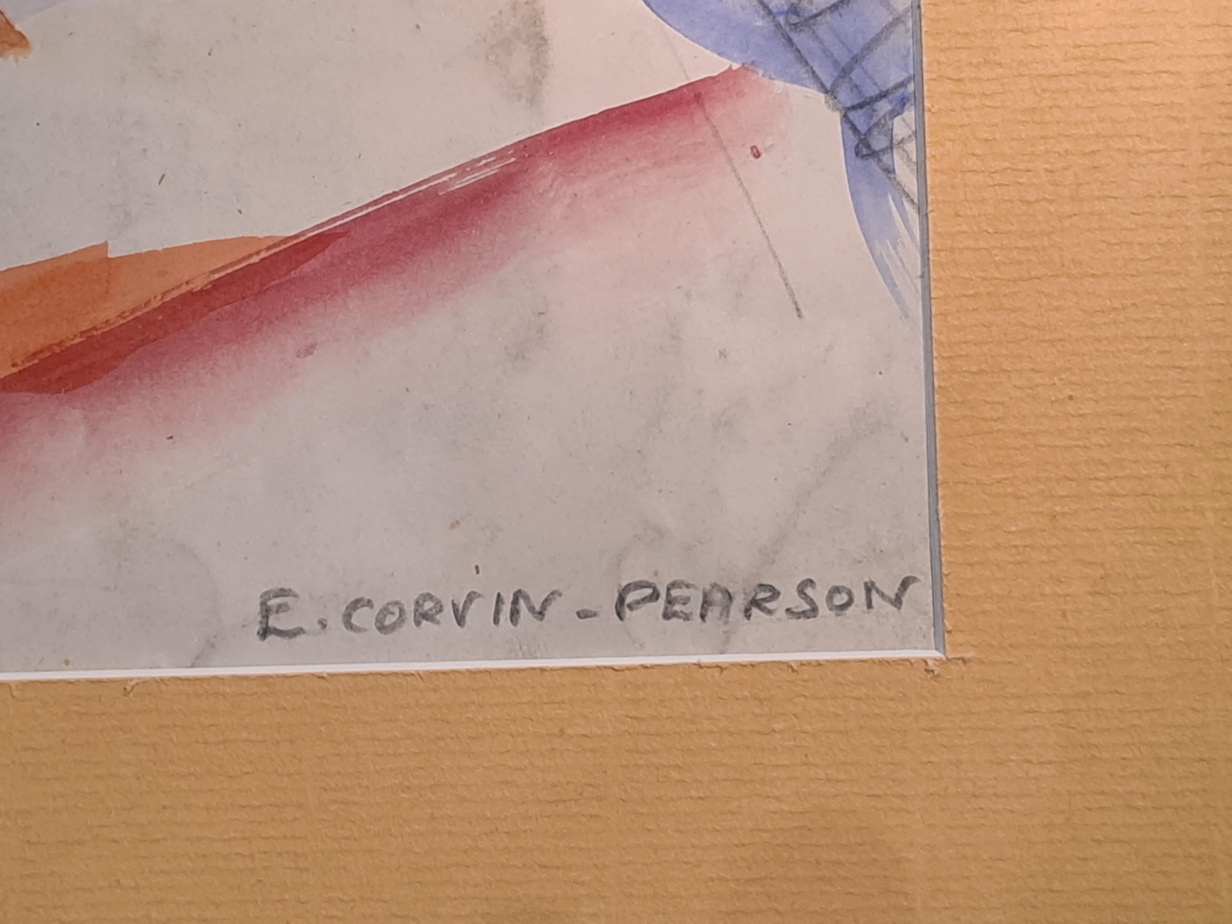 Anfang des 20. Jahrhunderts kubistisch beeinflusstes Aquarell auf Papier einer Fabrik in einer Landschaft des englischen Künstlers E Corvin-Pearson. Das Gemälde ist unten rechts signiert und auf der Rückwand mit 