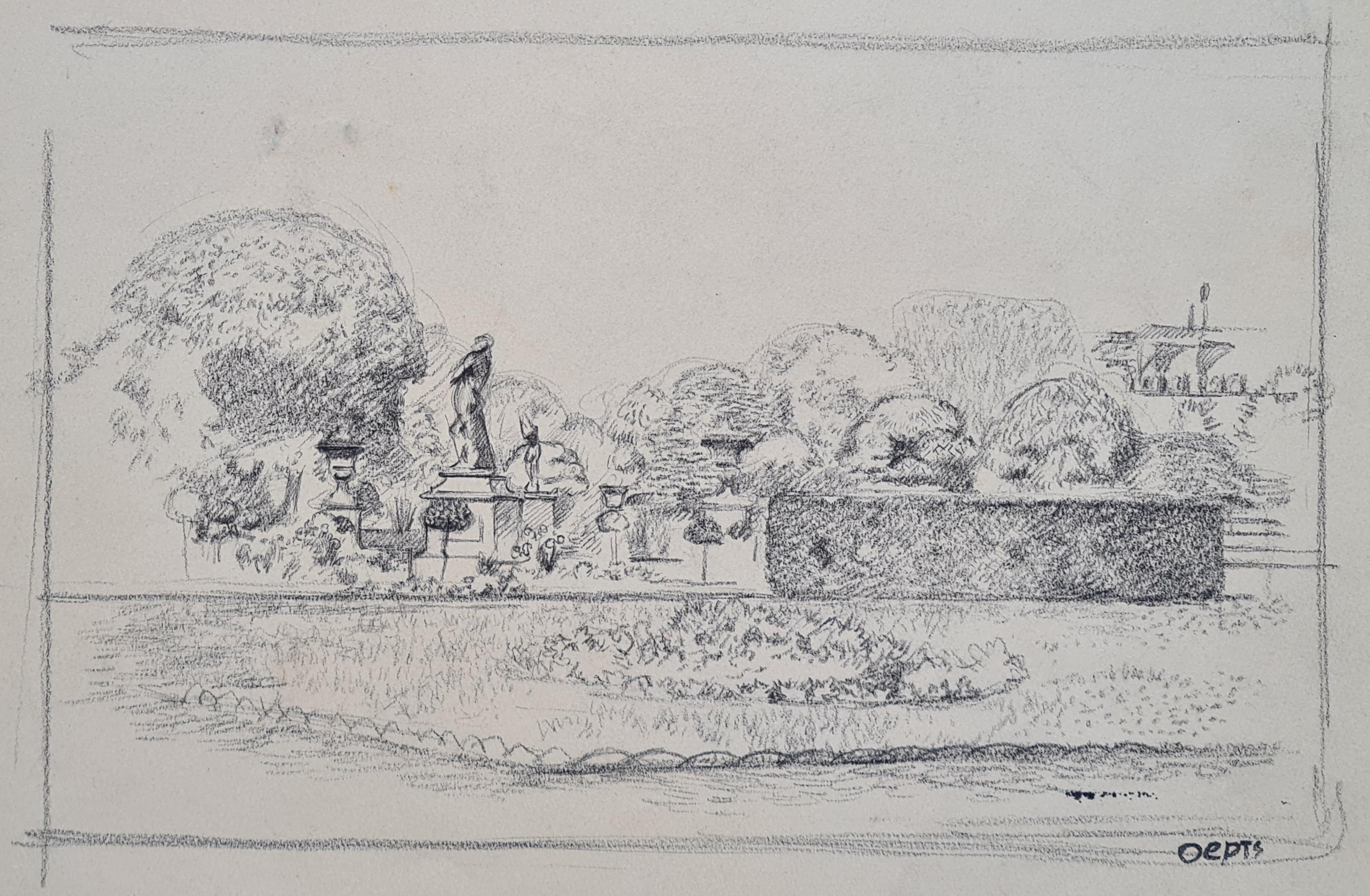 Landscape Art de Willem Anthonie Oepts - Tinta sobre papel de mediados de siglo. Jardín del Luxemburgo.