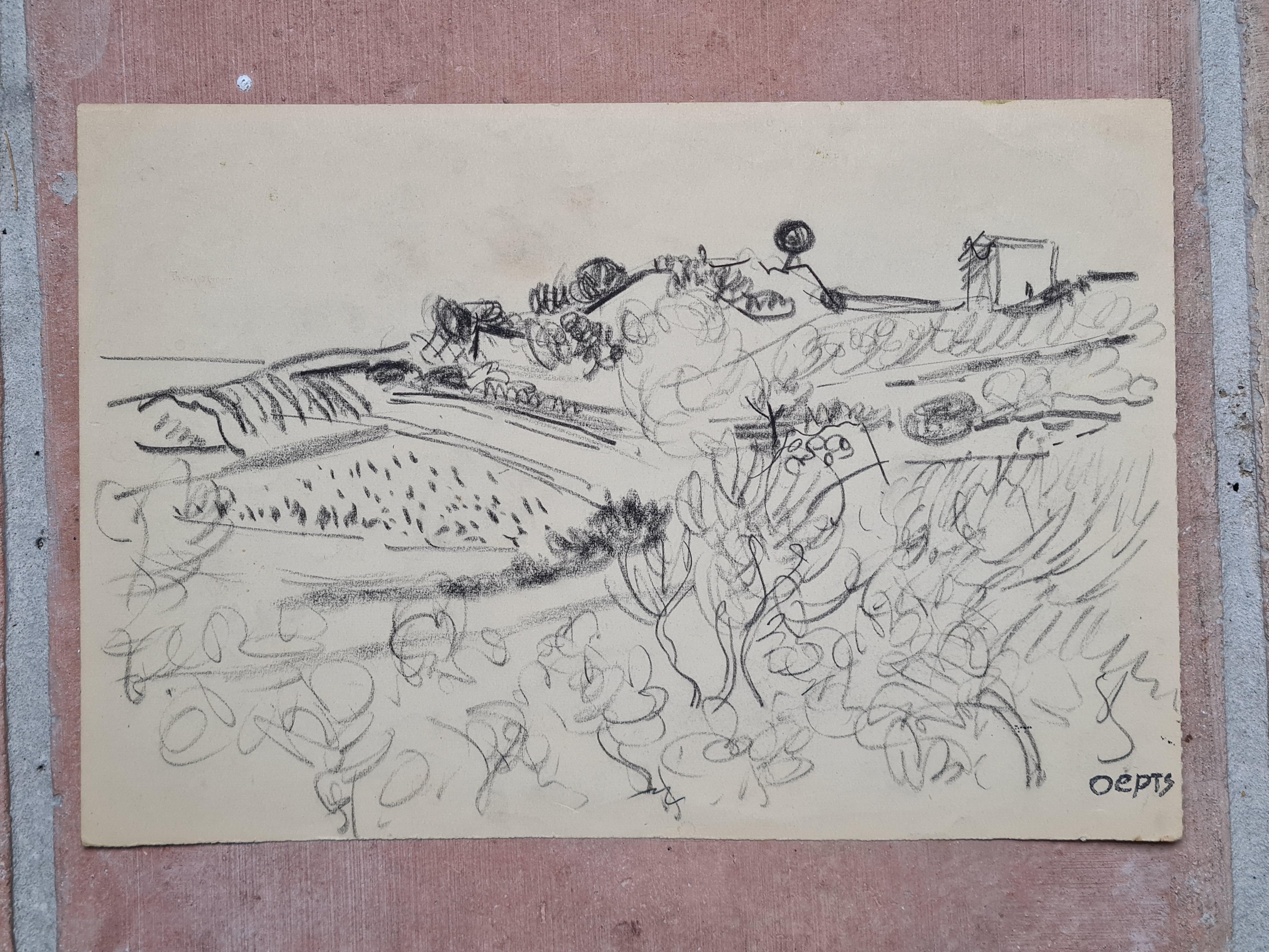 Étude de dessin sur papier du milieu du 20e siècle d'un paysage provençal par l'artiste néerlandais Wim Oepts. Peut-être une esquisse d'atelier pour le tableau Landschap te St Tropez de 1947 (SK103 Monografie en Oeuvrecatalogus). Portant le tampon