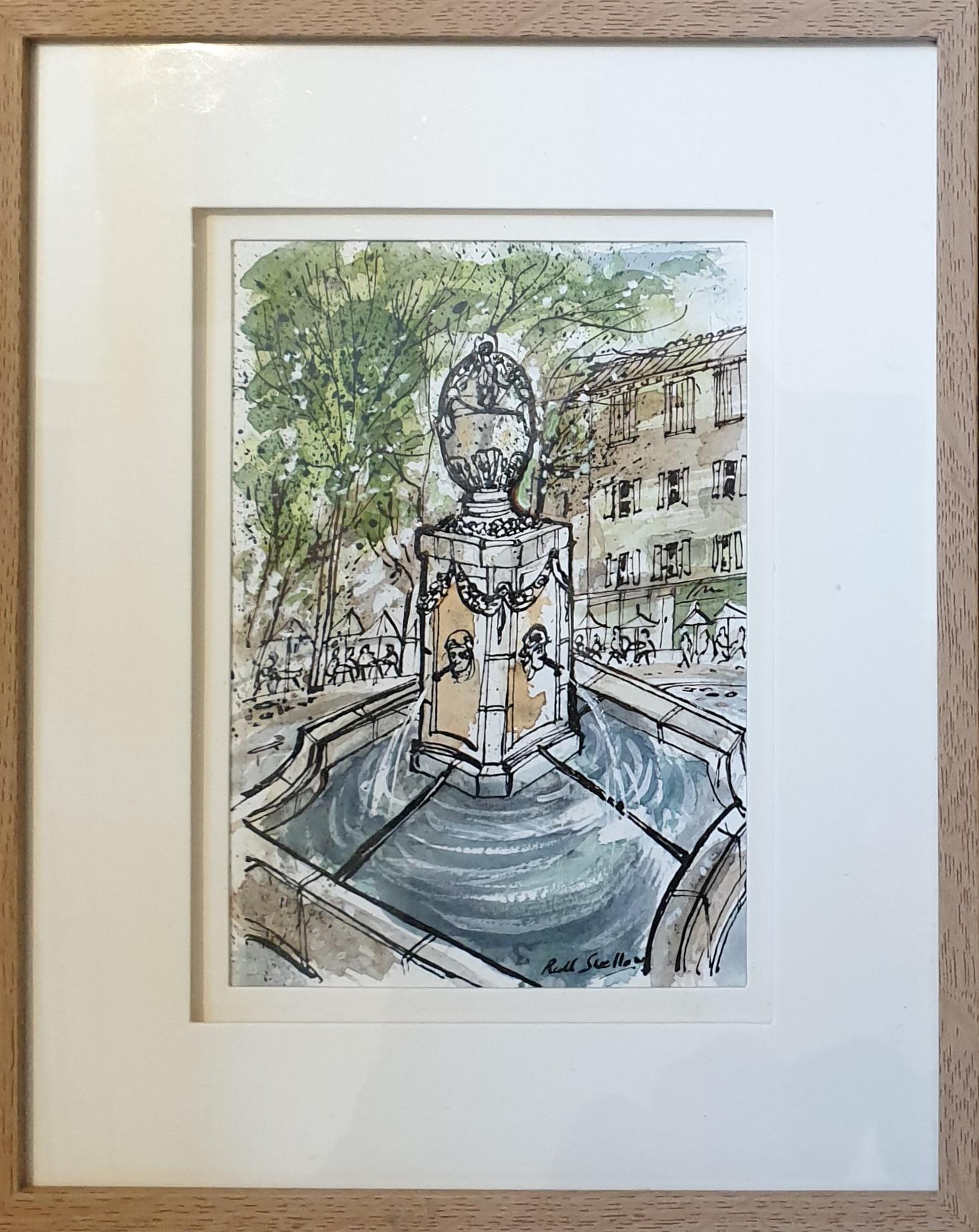 Ink and Watercolour of a Cotignac Fountain, Provence. Les Quatres Saisons. - Art by Richard Swallow