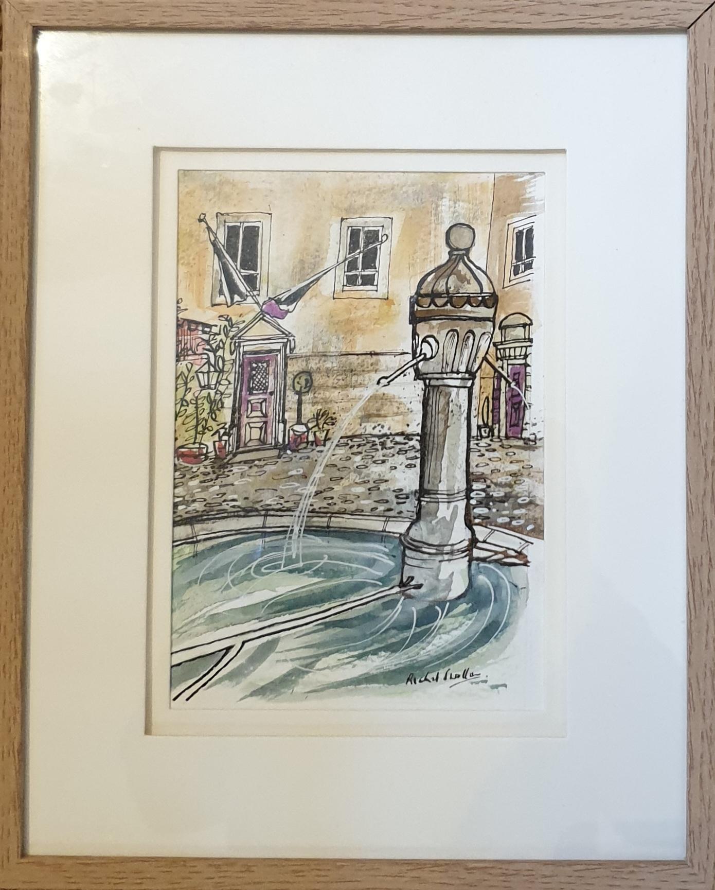 Ink and Watercolour of a Fountain in Cotignac, Provence. 'Place Gabriel Philis' - Art by Richard Swallow