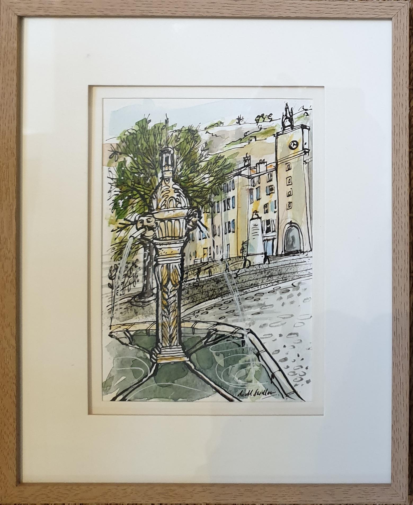 Ink and Watercolour of a Fountain in Cotignac, Provence. Place de la Mairie. - Art by Richard Swallow