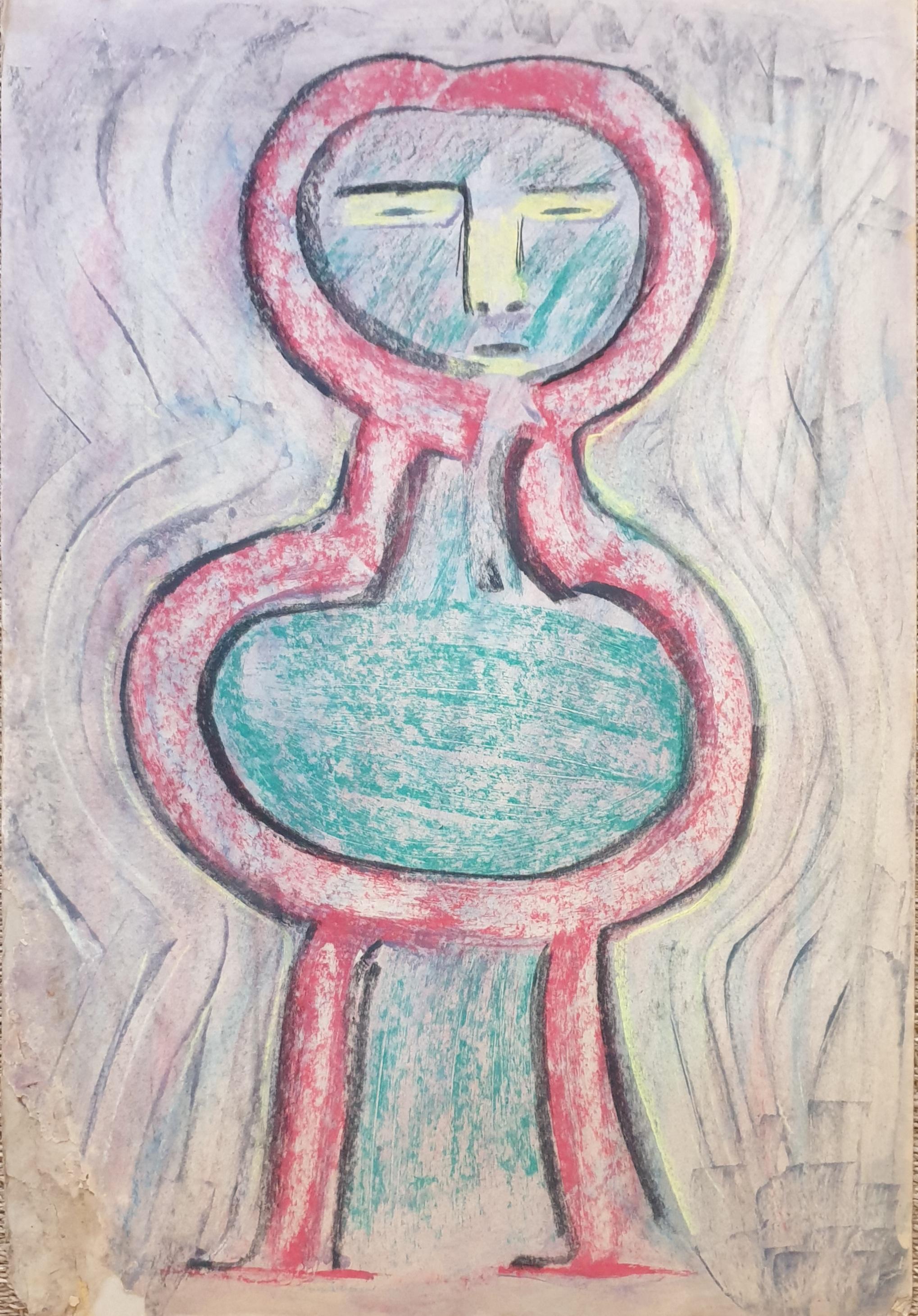 A Nuchy Figurative Art - Abstract Expressionist CoBrA Style Figure. Chalk on Card.