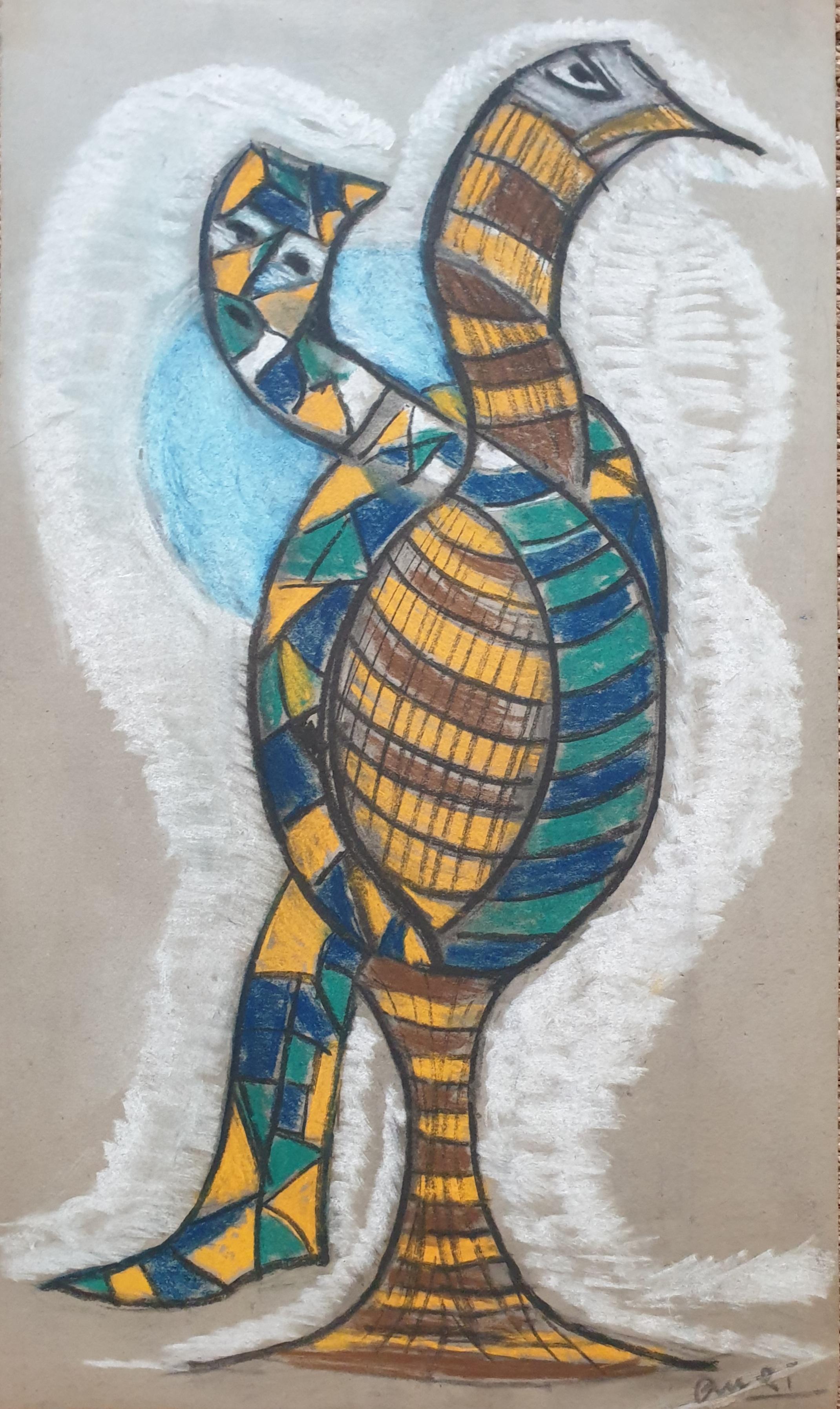 Oiseau anthropomorphe expressionniste abstrait de style CoBrA. Chalk sur papier.