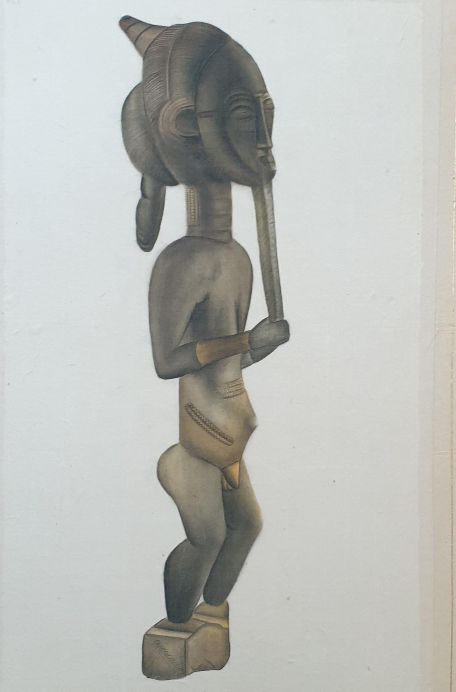 African 'Baoule' figure. Watercolour on Handmade paper Laid on Vélin d'Arches.  - Realist Art by La Roche Laffitte