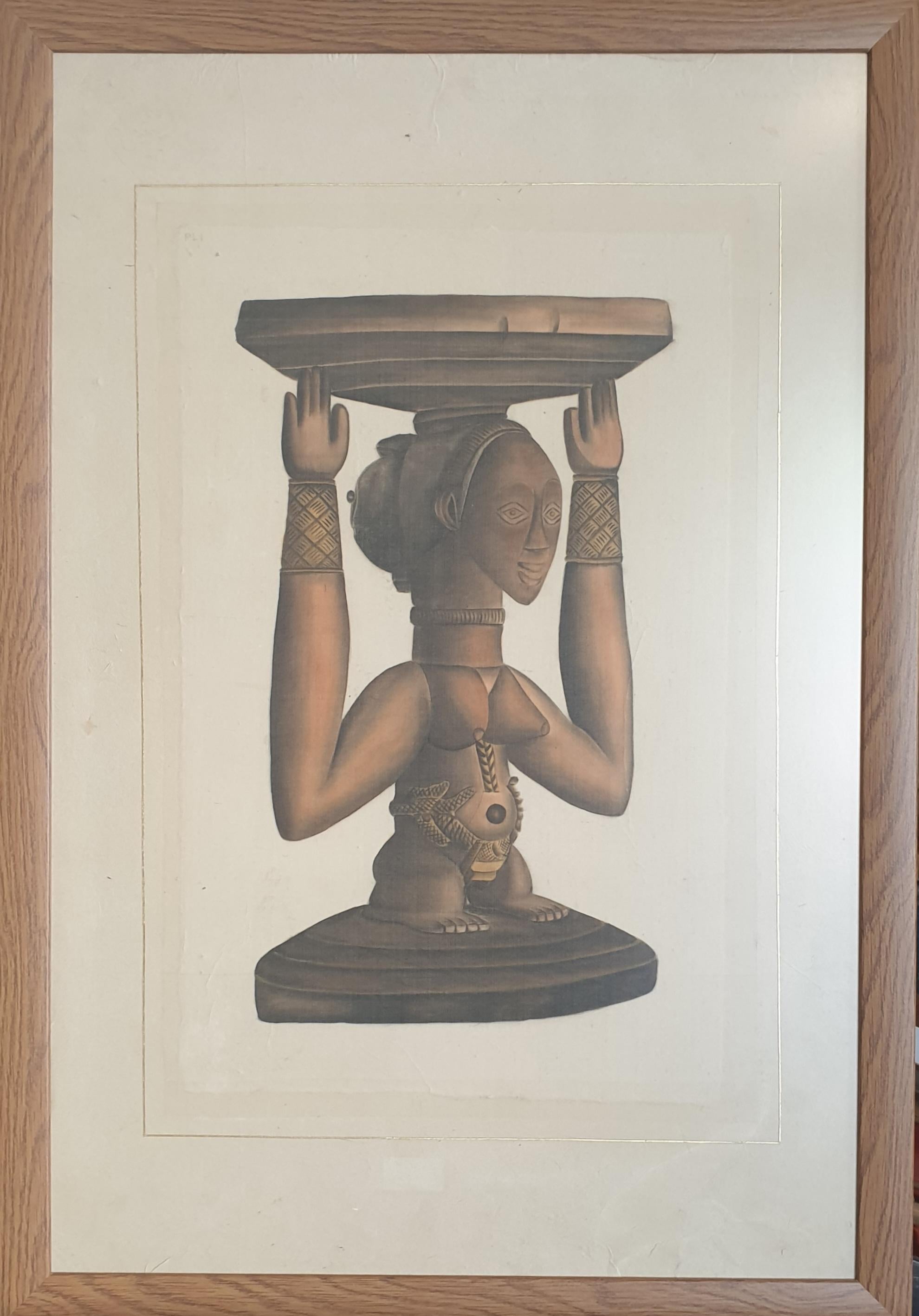 Aquarelle sur papier artisanal posé sur vélin d'arches d'une sculpture africaine. - Art de La Roche Laffitte
