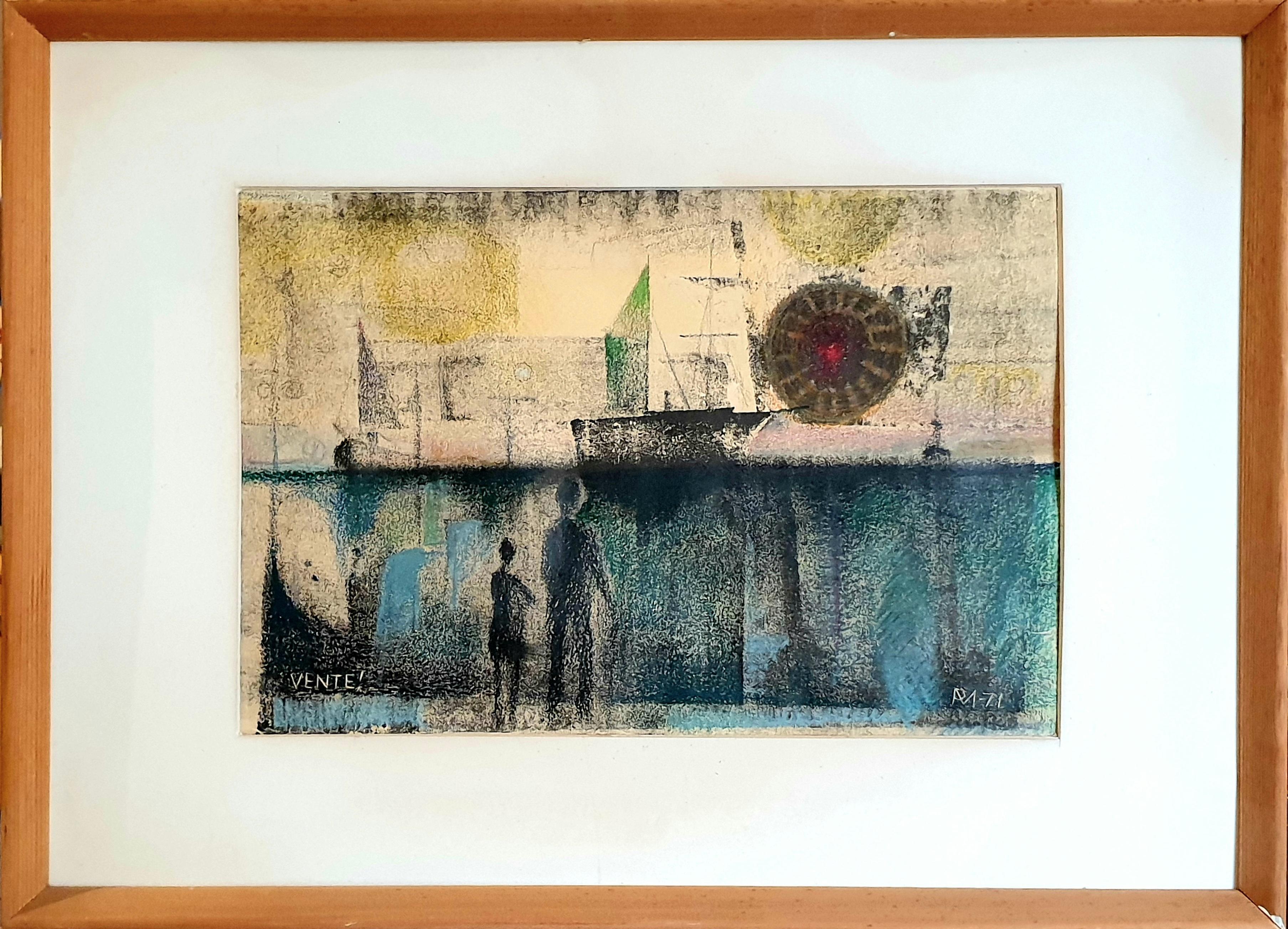 Dänisches surrealistisches Pastell auf Papier aus der Jahrhundertmitte. 