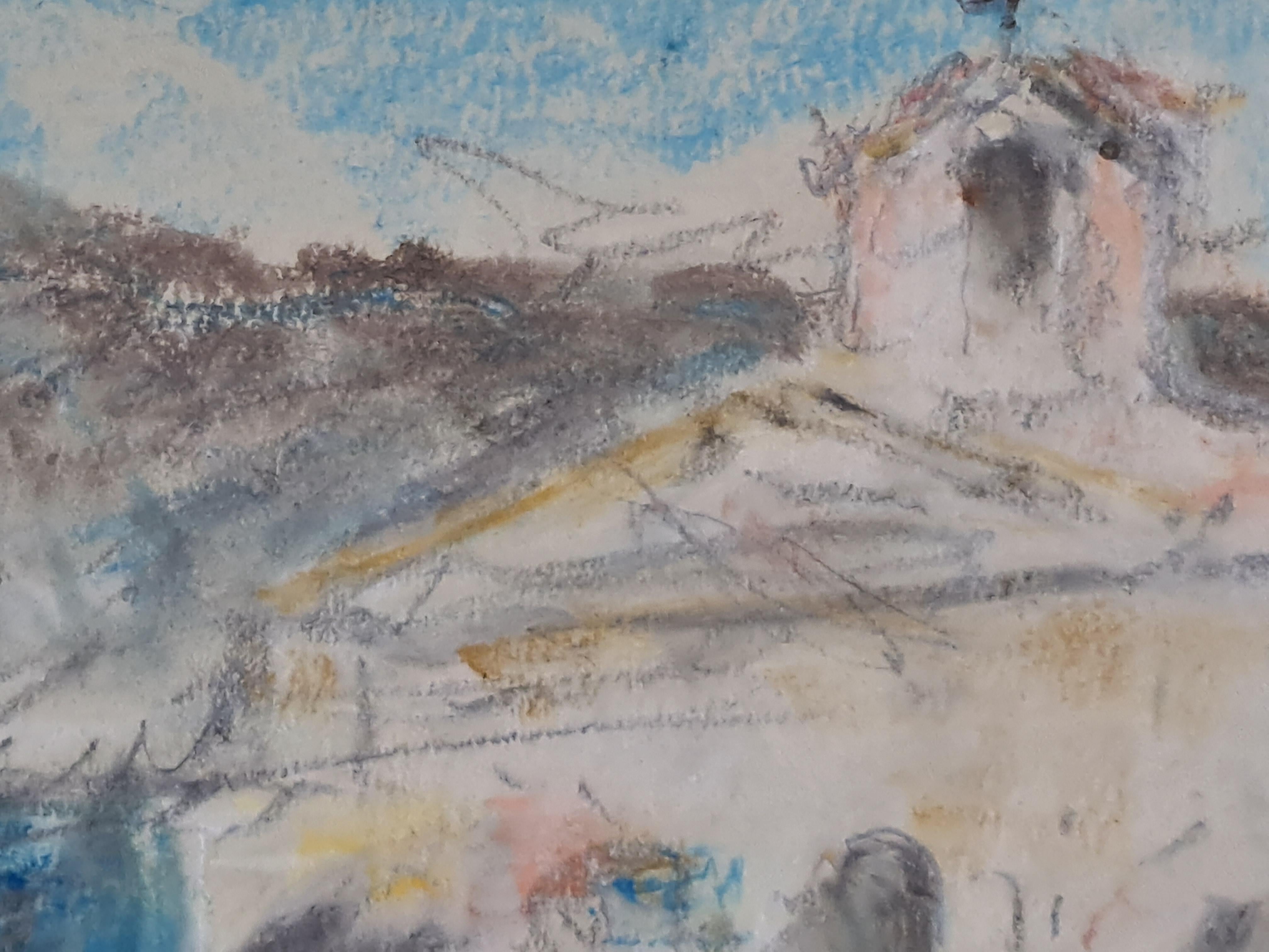 Pastel et crayon sur papier. La chapelle Saint Pierre, Villefranche, sud de la France. en vente 1