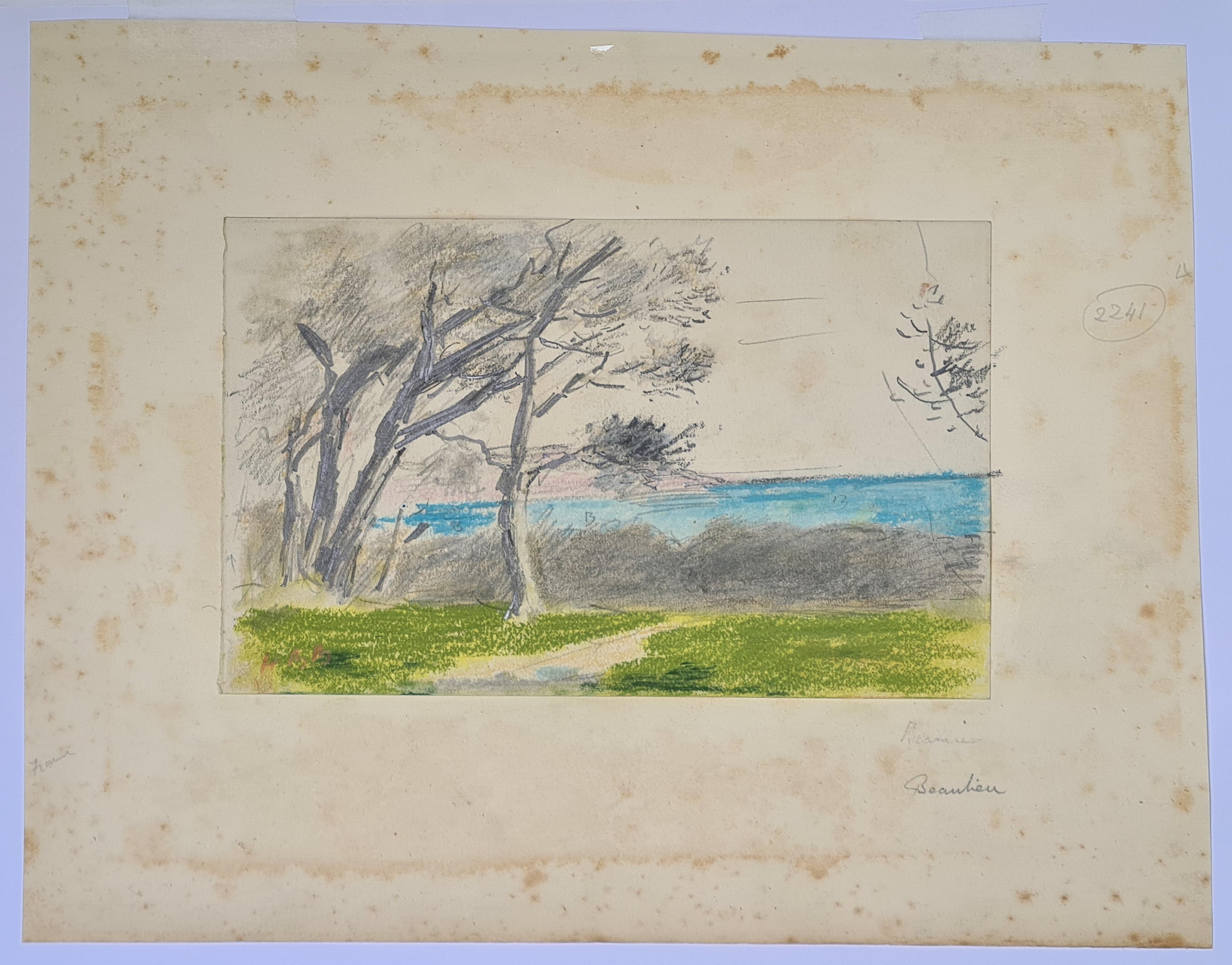 19th century Impressionist view, in watercolour, in the style of Turner, of Beaulieu, South of France, by British artist Hercules Brabazon Brabazon. The work is initial signed (HBB) by the artist bottom left and titled on the mount. 

A very