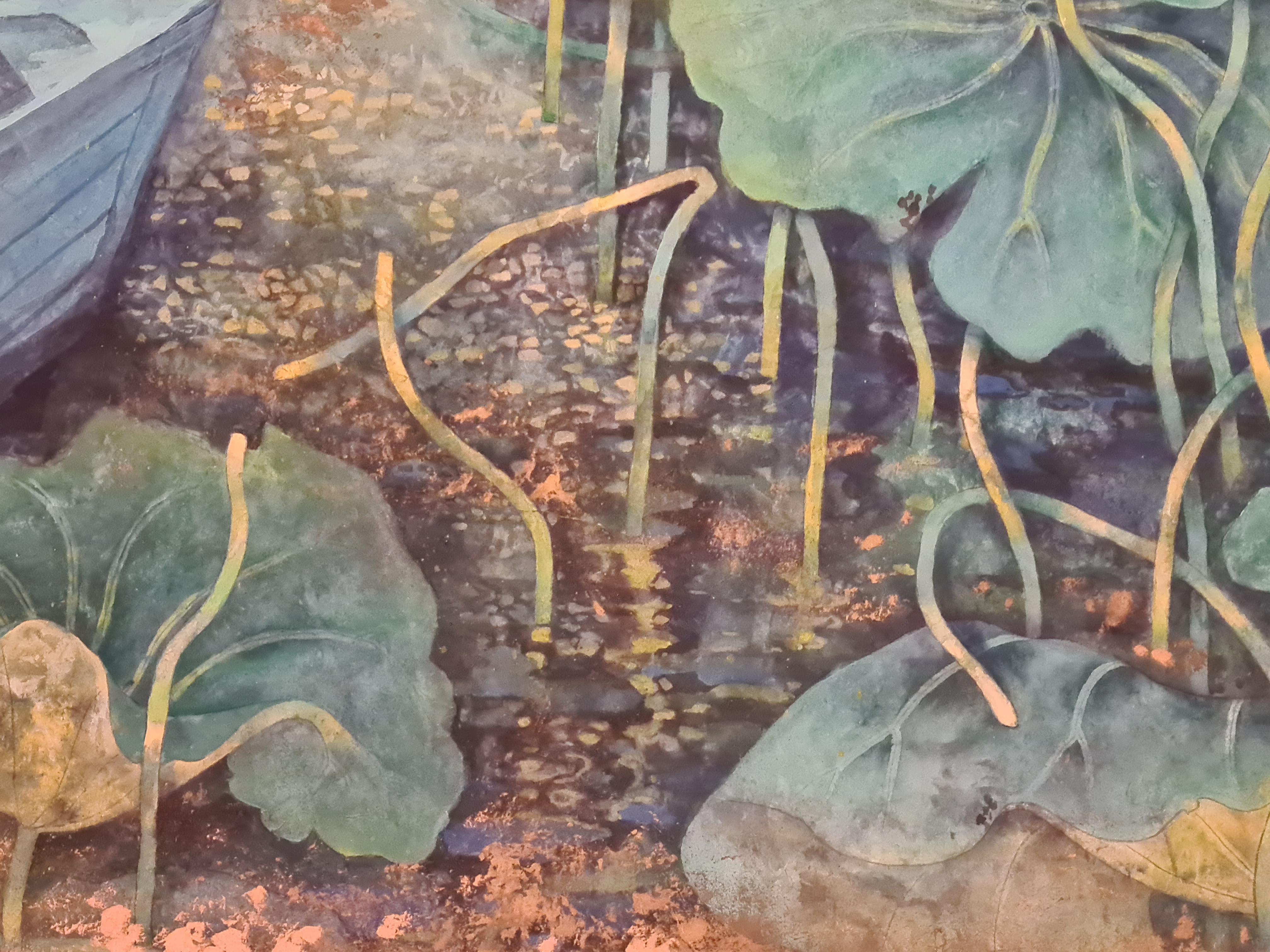Water lillies, Hommage Zhou Dun-y,  Large Contemporary Chinese Painting on Paper - Gold Landscape Art by Shao