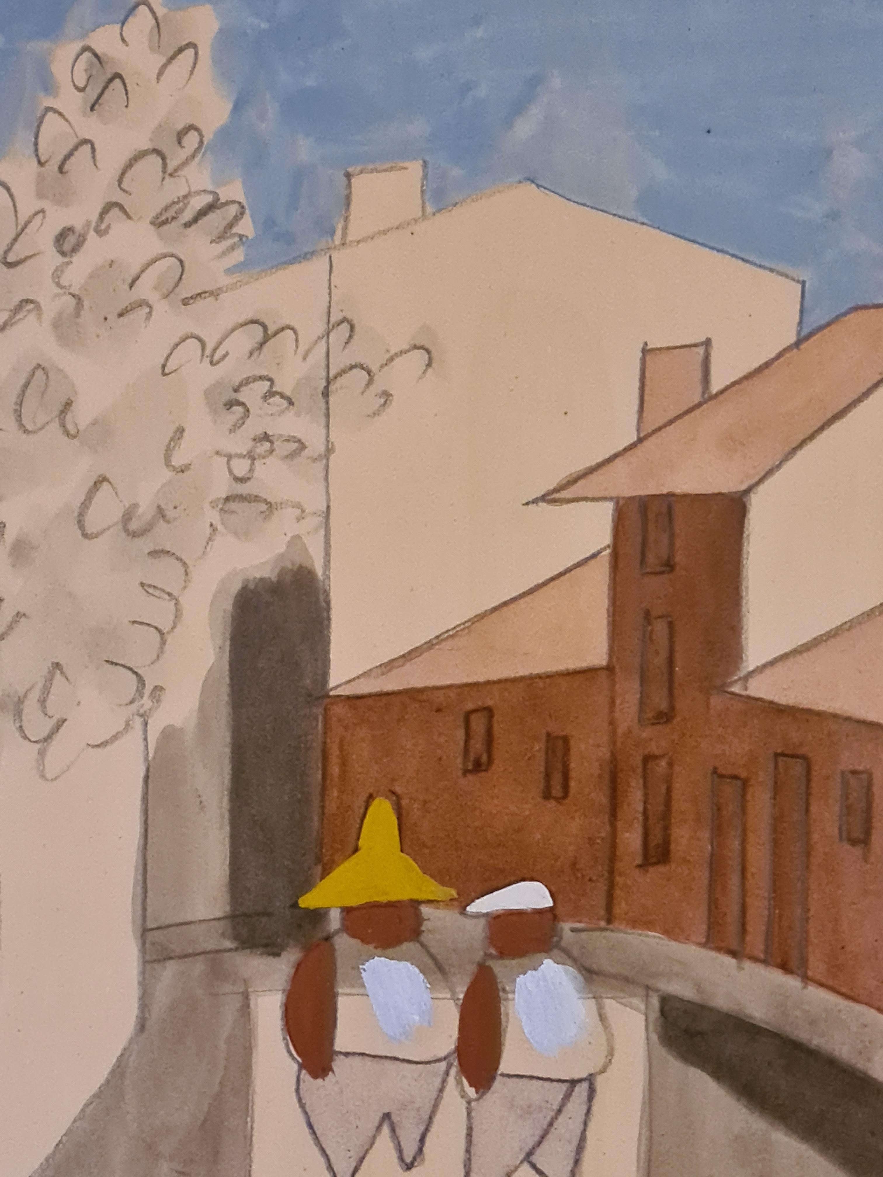Original, unique French goauche of a street scene by noted French Art Deco illustrator Raymond de Lavererie. Signed bottom right, presented under glass in wood and gilt frame.

A charming rendition of two people, in unusual hats, having a