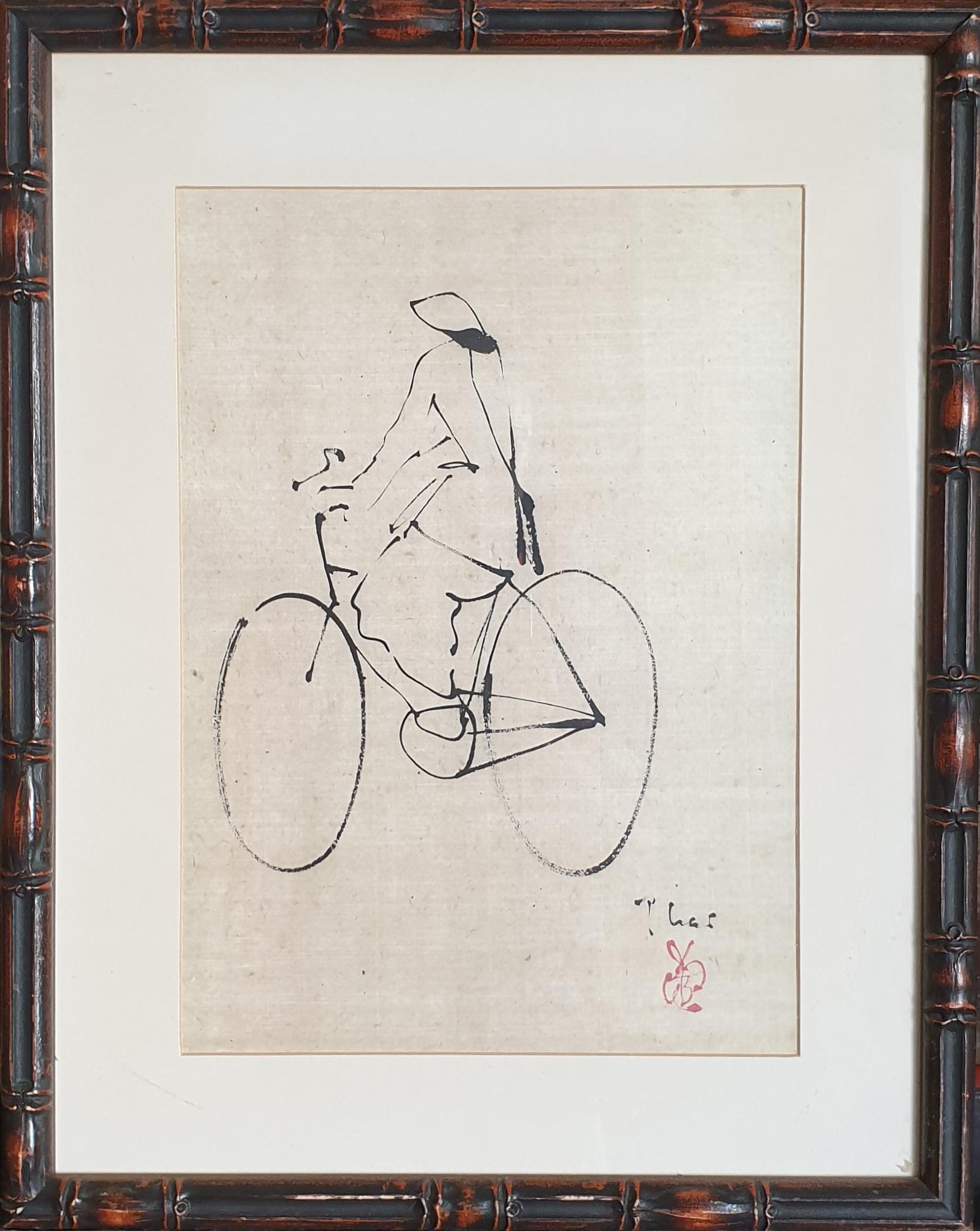 Unknown Figurative Art - The Cyclist. 'Encre de Chine' on Linen Cloth. .