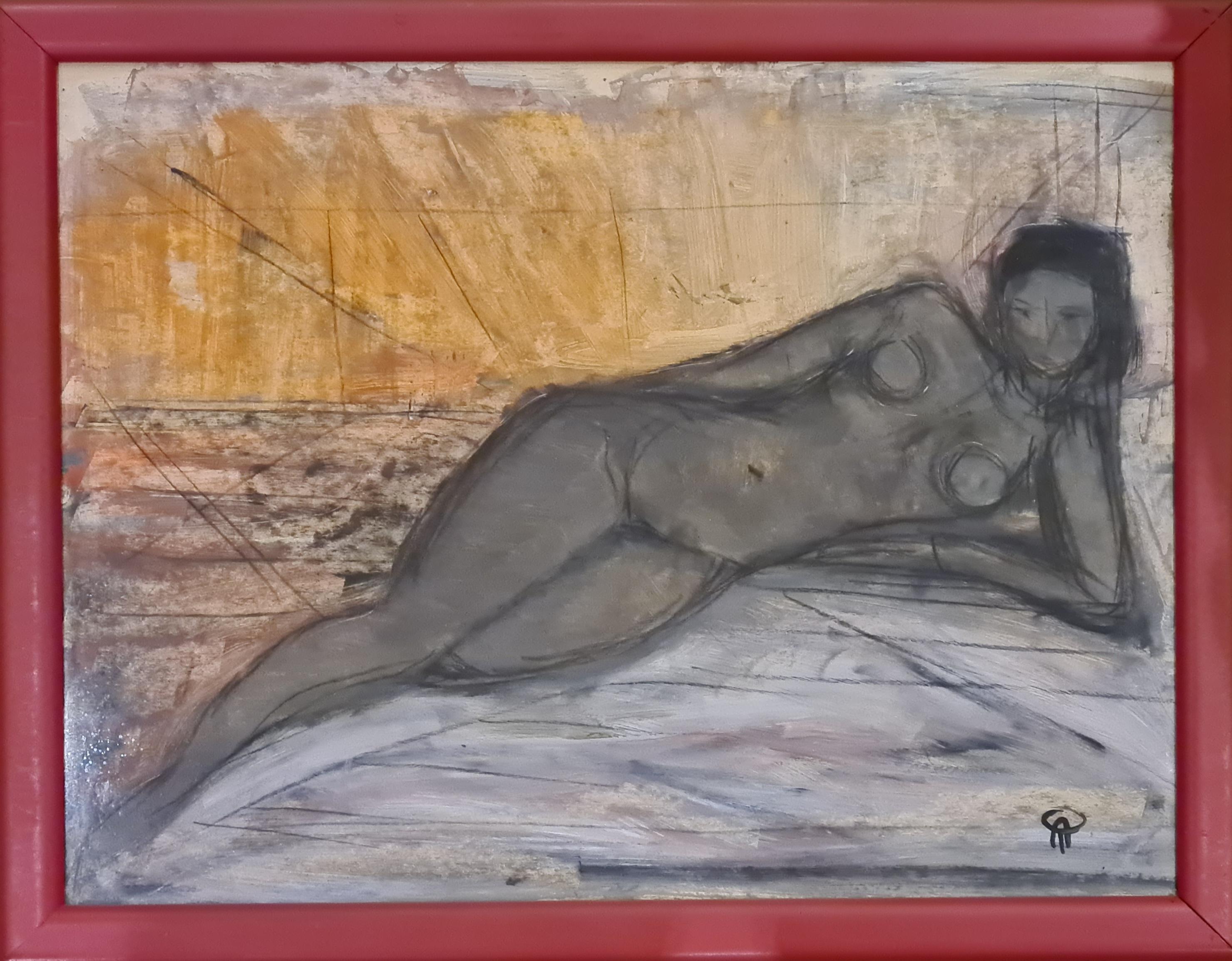 A mid 20th century modern work on paper of a female nude by Andre Petroff. Signed with monogram bottom right, presented under glass in plain red painted wood frame. The work was acquired directly from the estate of his daughter.

PETROV ANDREY