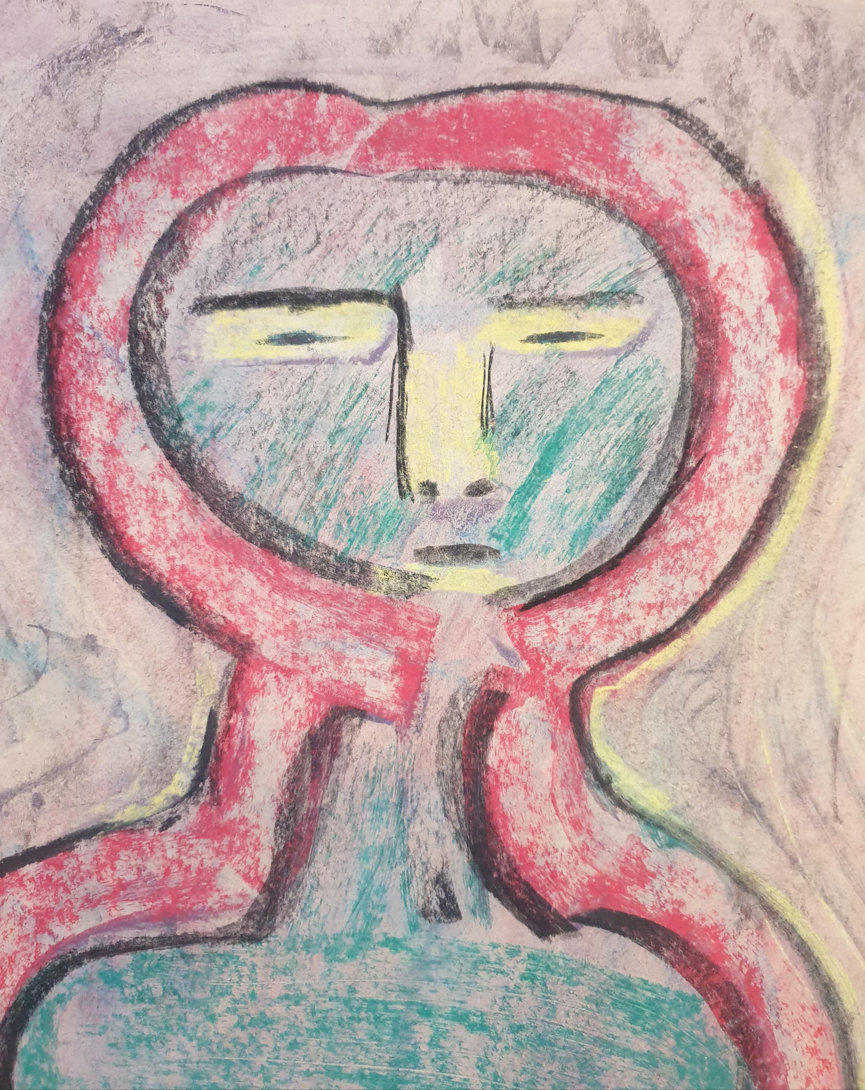 Abstract expressionist CoBrA style chalk on paper of a human figure attributed to French artist, A Nuchy. The work is unsigned but was acquired along with other works signed by the artist and also available on 1st Dibs.

Highly colourful and