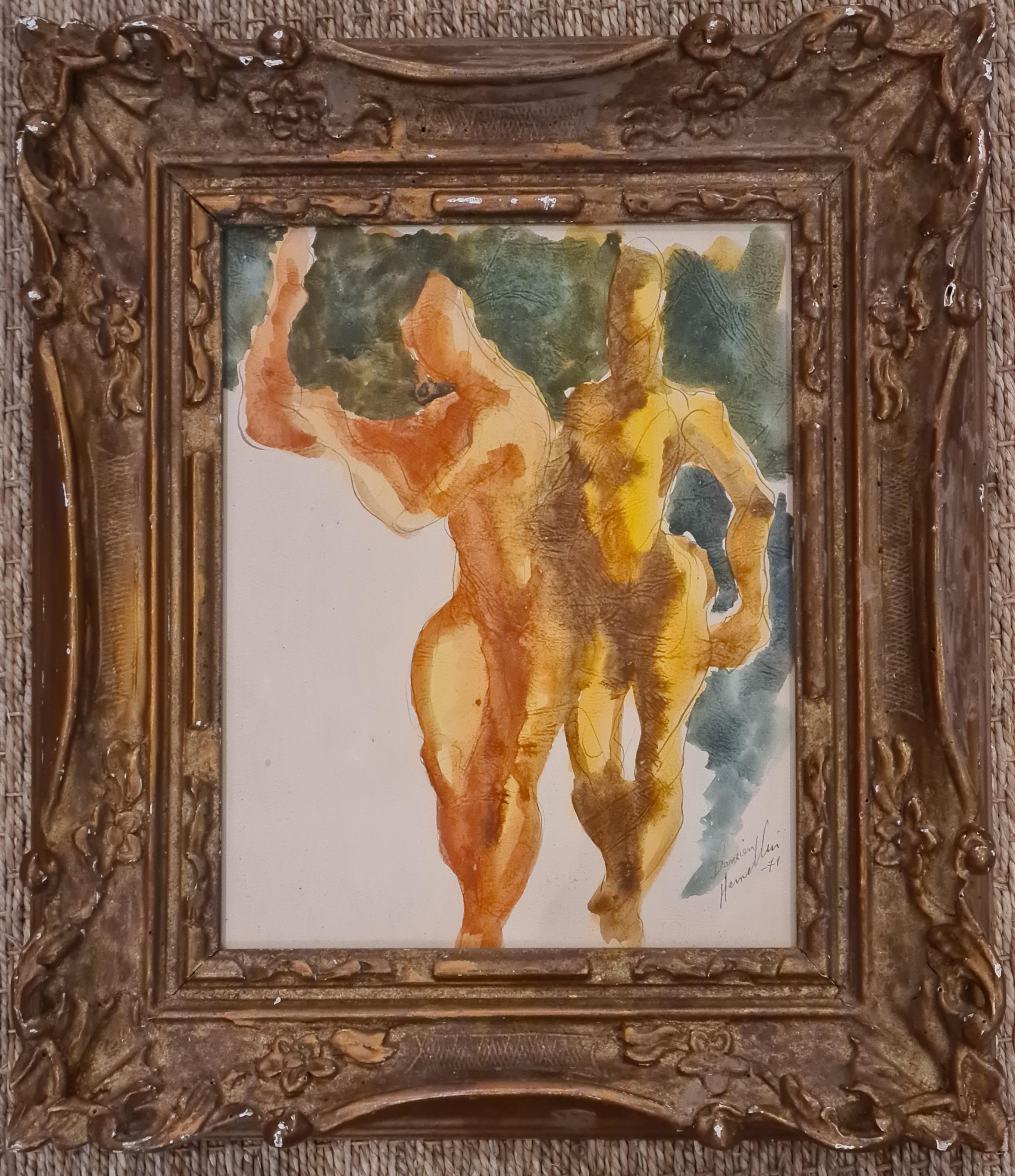 The Dancers, French Late Mid Century Gouache on Textured Paper - Art by Damien Hermellin