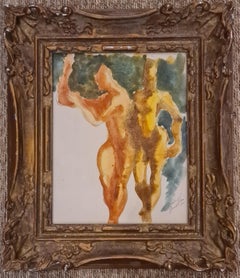 „Die Tänzerinnen“, französische Gouache auf strukturiertem Papier, späte Mitte des Jahrhunderts