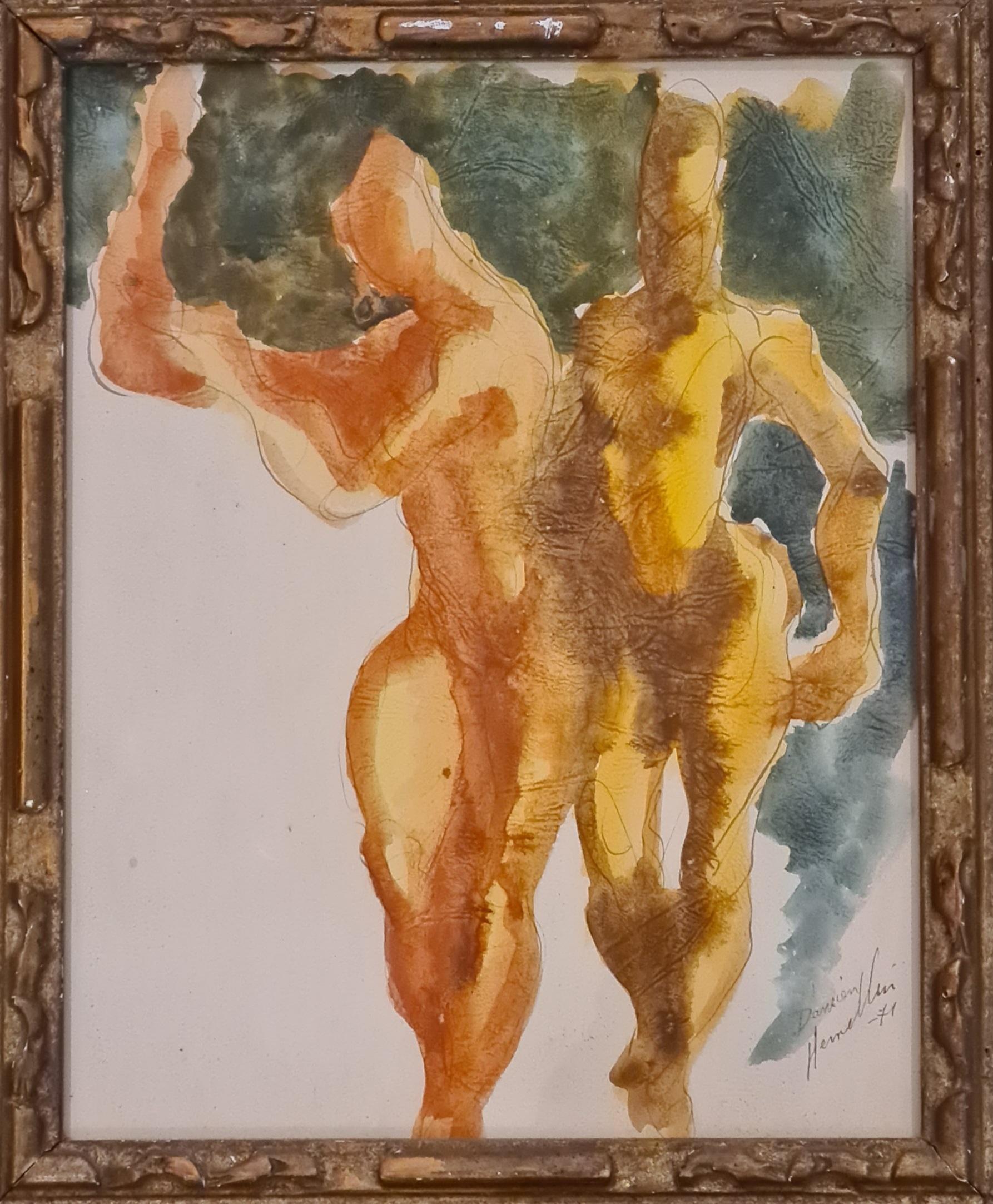 „Die Tänzerinnen“, französische Gouache auf strukturiertem Papier, späte Mitte des Jahrhunderts
