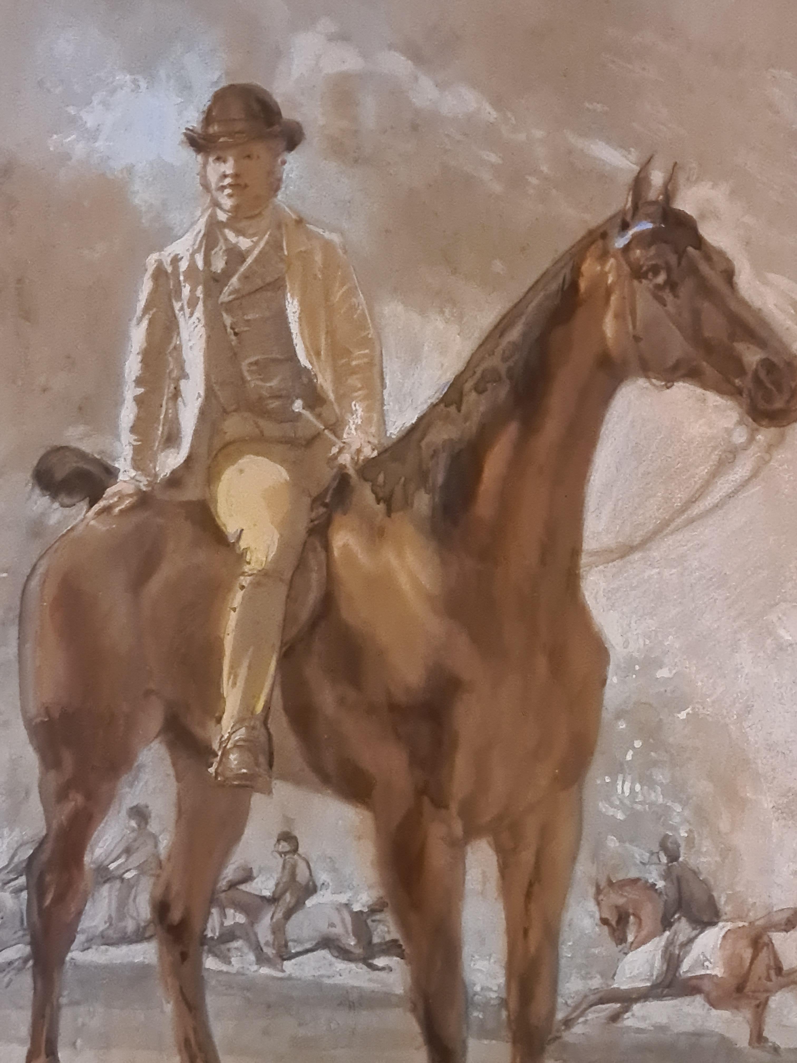 Aquarelle du début du 20e siècle représentant un gentleman à cheval avec d'autres cavaliers en arrière-plan, apparemment signée ou titrée 