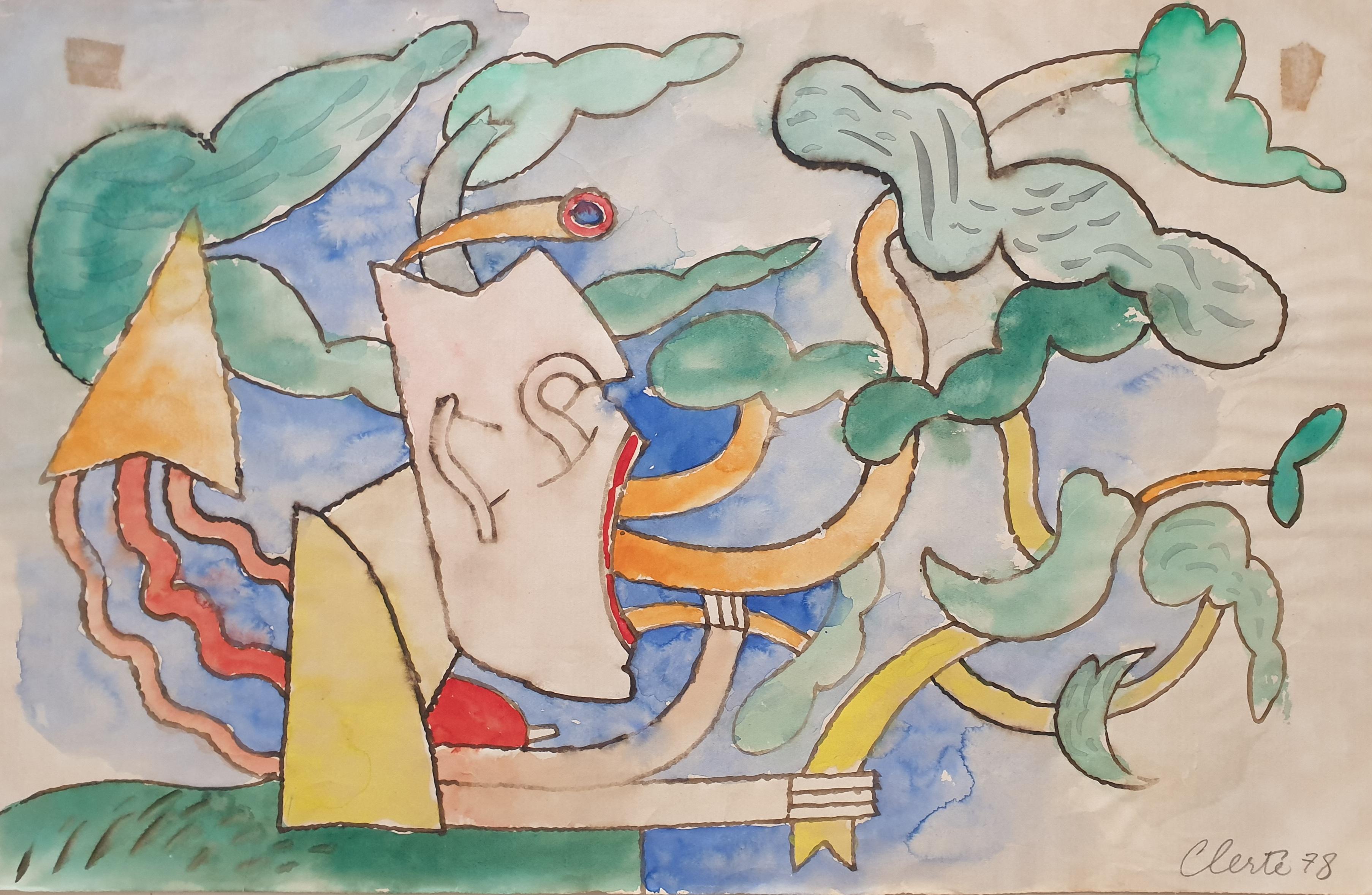 Mutter Natur, lyrisches surrealistisches abstraktes Aquarell auf Papier. (Surrealismus), Art, von Jean Clerté 