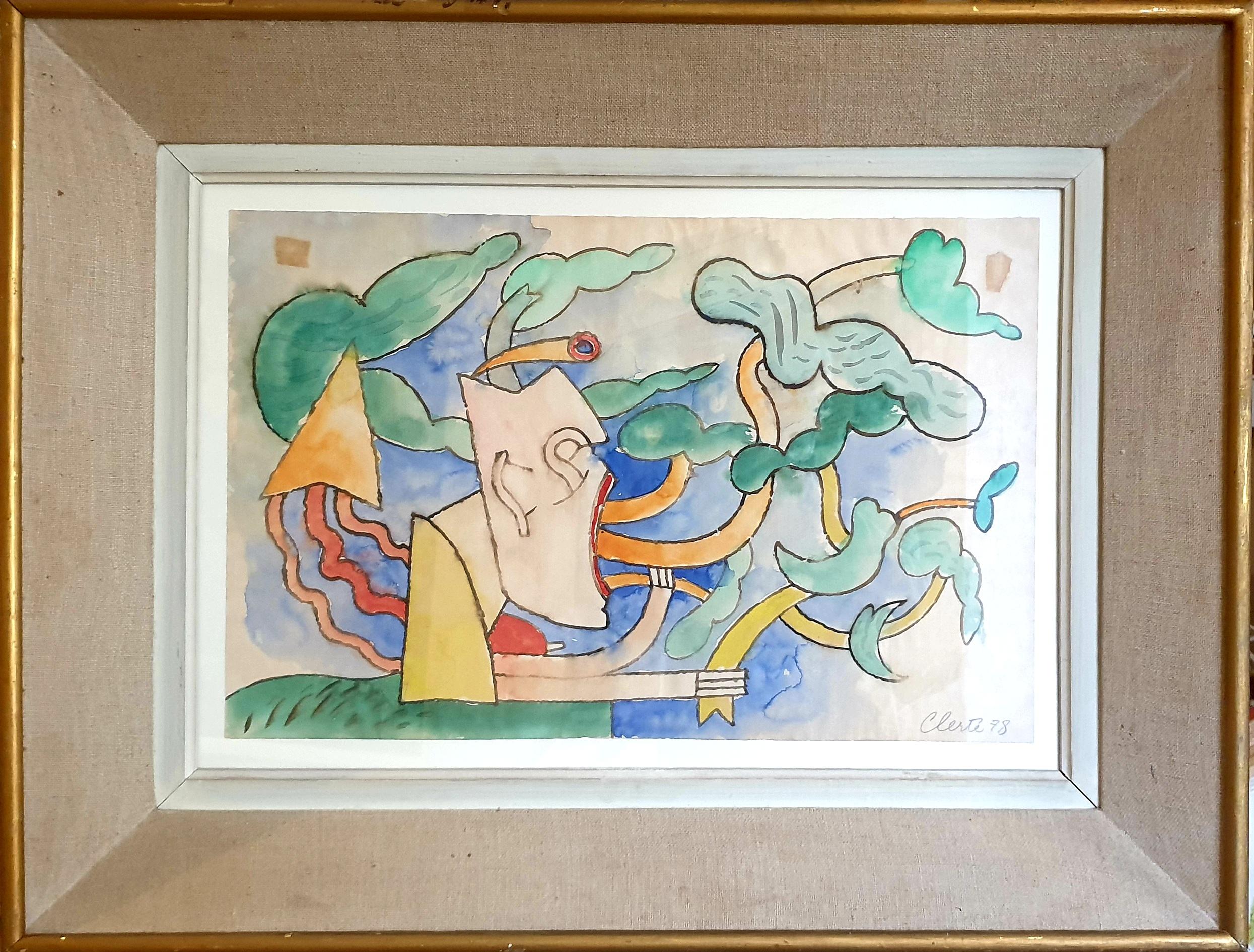 Jean Clerté  Abstract Drawing - Mother Nature, Lyrical Surrealist Abstract Watercolour on Paper.