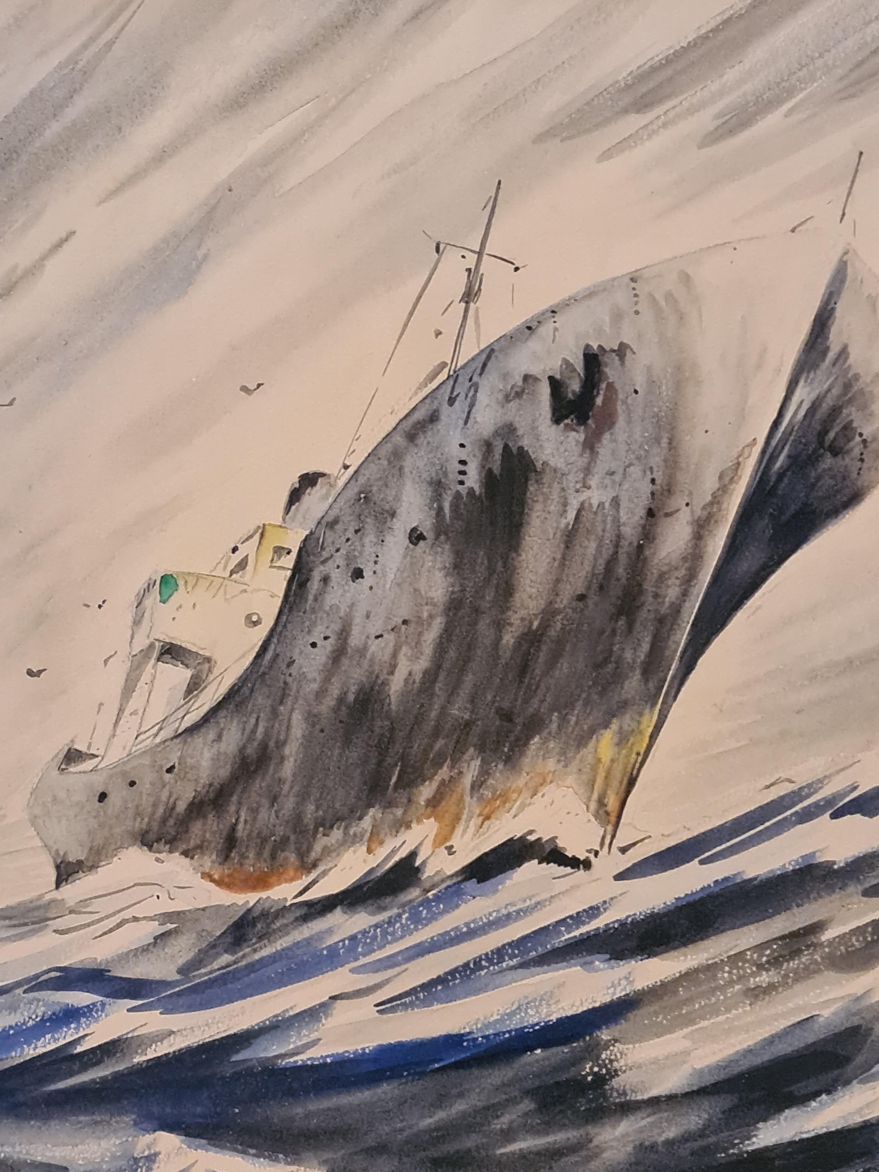 Fischboot auf See, Gouache auf Papier, späte Mitte des Jahrhunderts (Braun), Landscape Art, von Unknown