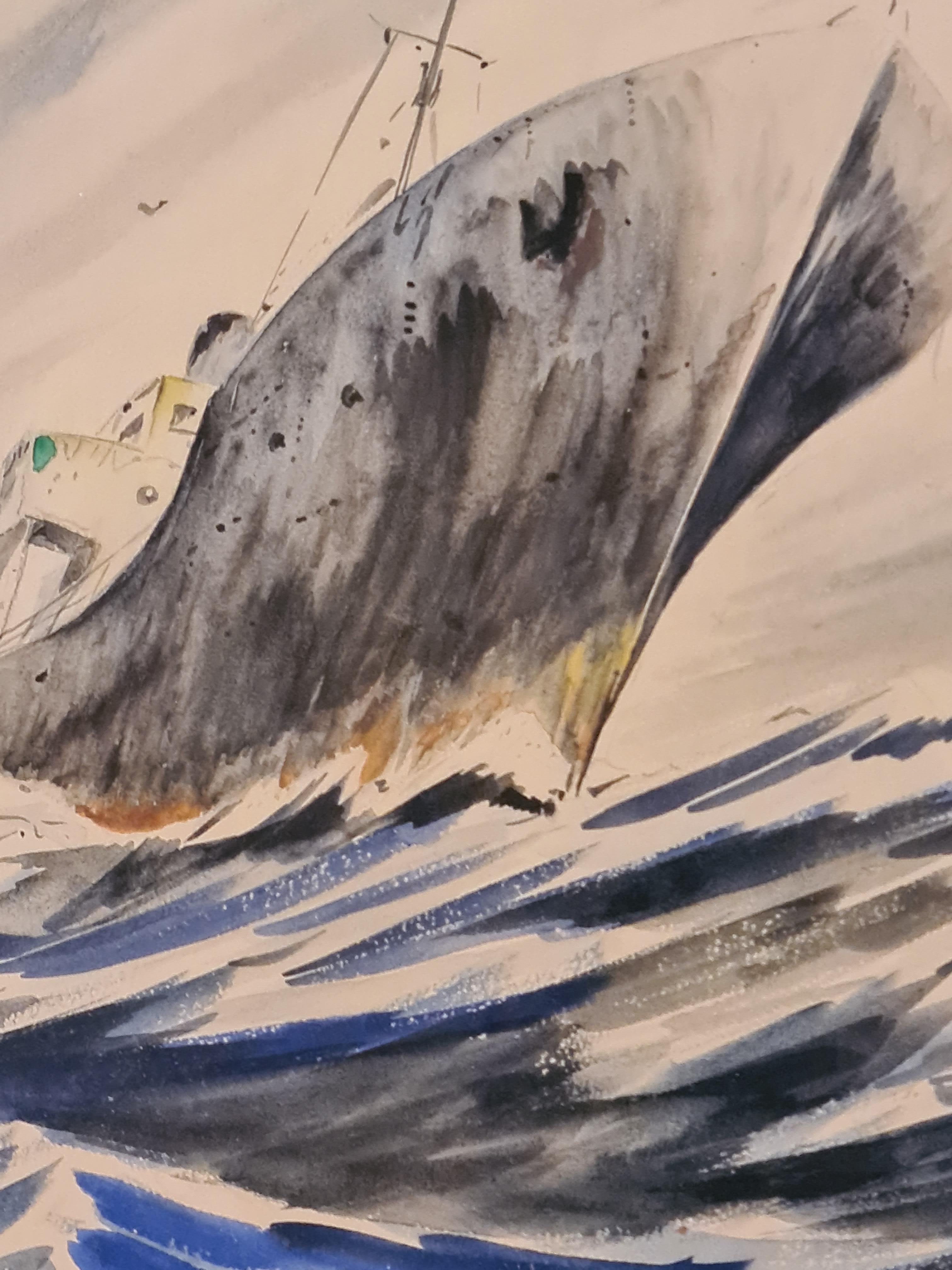 Französische Gouache auf Papier mit einem Boot auf dem Meer. Das Werk ist unsigniert, aber mit 22/11/70 datiert. Präsentiert in einfachem Goldrahmen mit handgeschnittenem Passepartout.

Ein wirklich fesselndes und kraftvolles Gemälde. Dem Künstler