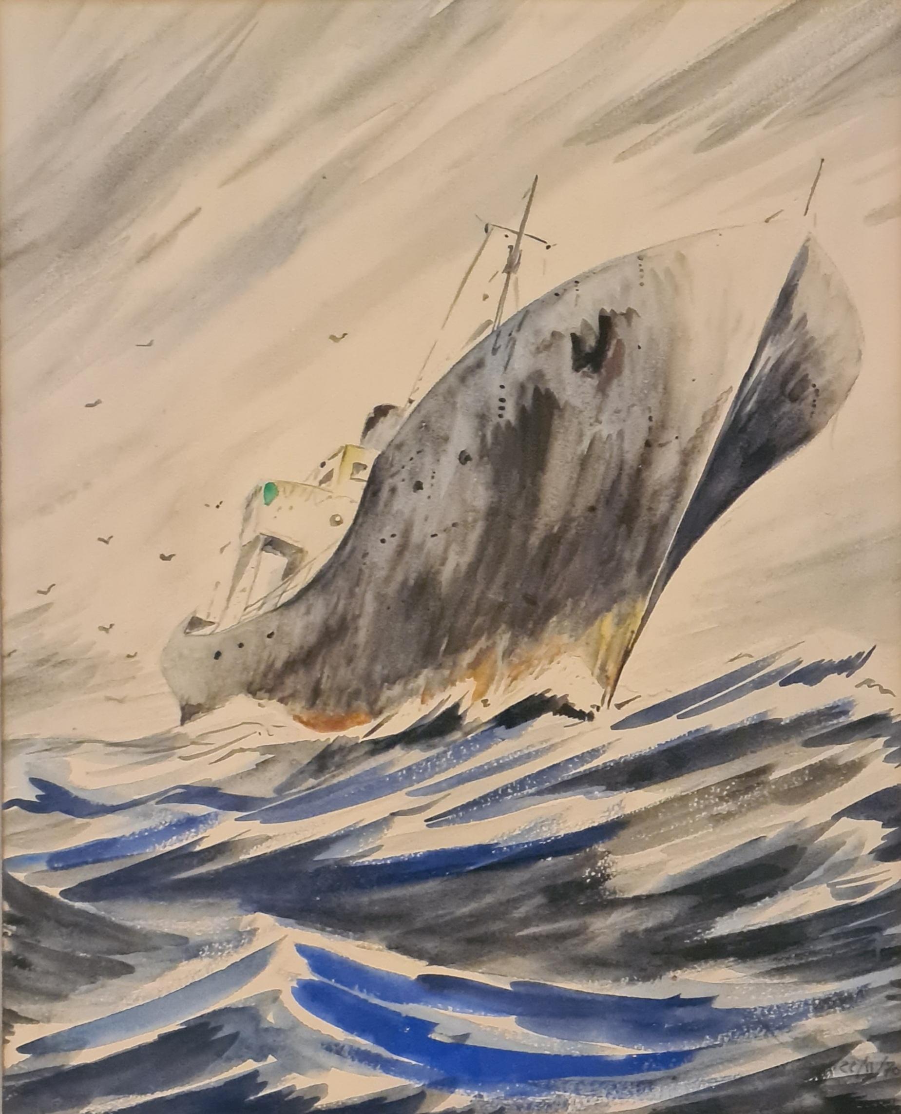 Unknown Landscape Art – Fischboot auf See, Gouache auf Papier, späte Mitte des Jahrhunderts